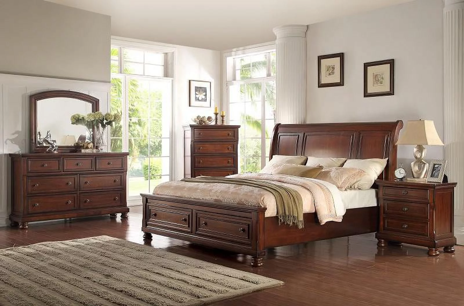 McFerran B608-EK Cherry Wood Finish Eastern King Platform Bedroom Set 5Pcs