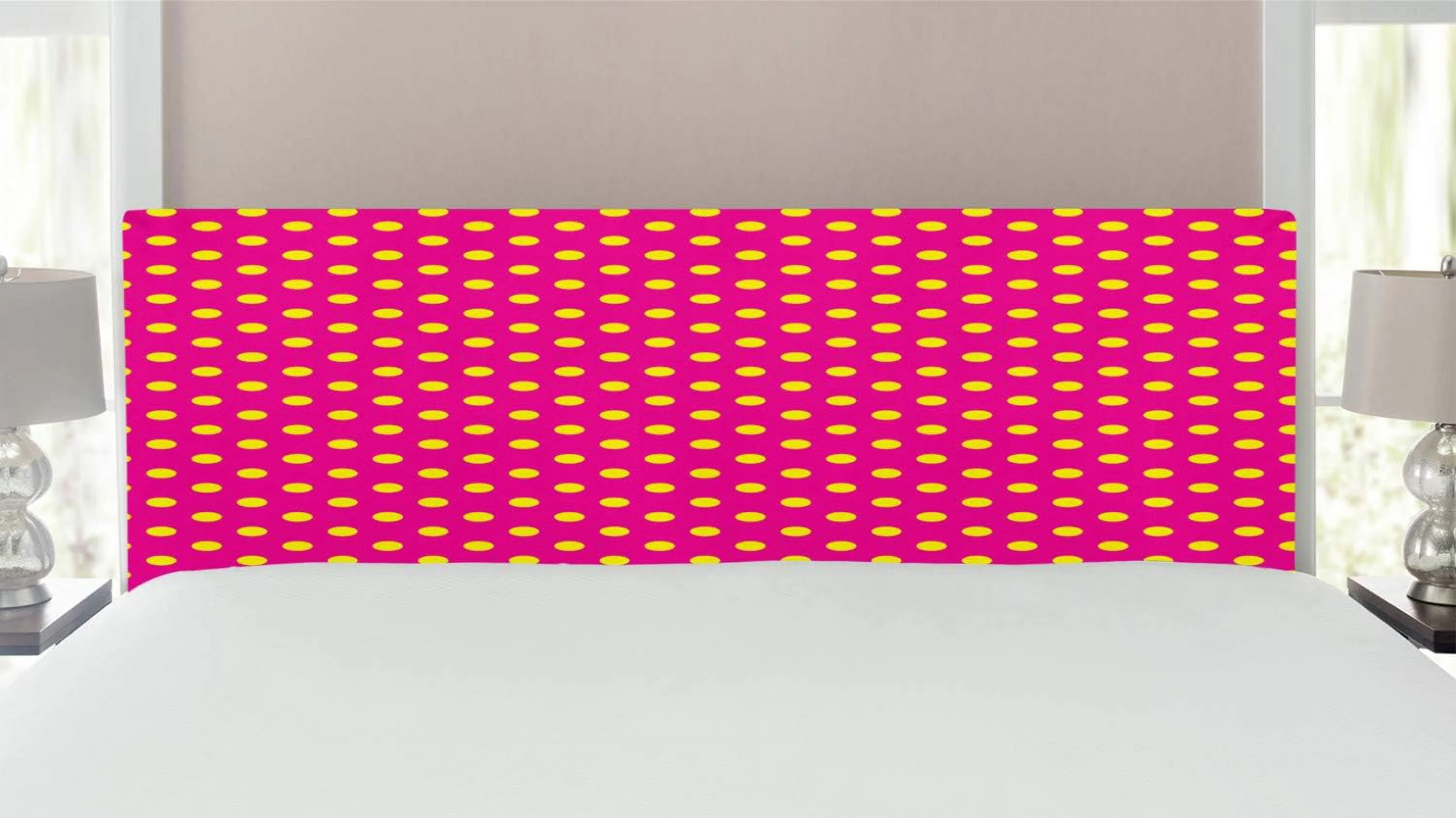 Polka Dot Headboard, Vibrant Colored Background And Yellow Spots Traditional Vertical Dots, Upholstered Decorative Metal Bed Headboard With Memory Foam, King Size, Hot And Yellow