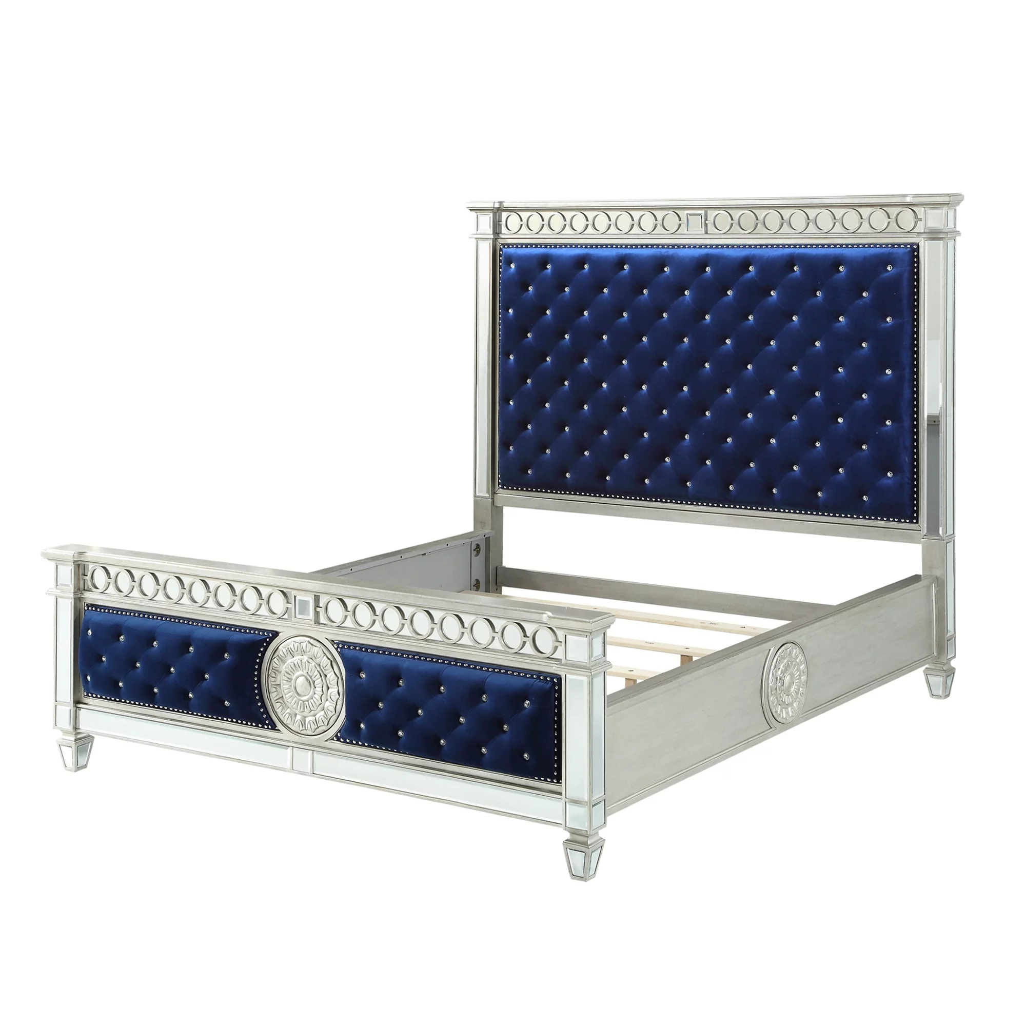 Wooden Queen Size Bed with Button Tufted Headboard and Mirror Finish Accents, Blue and Silver
