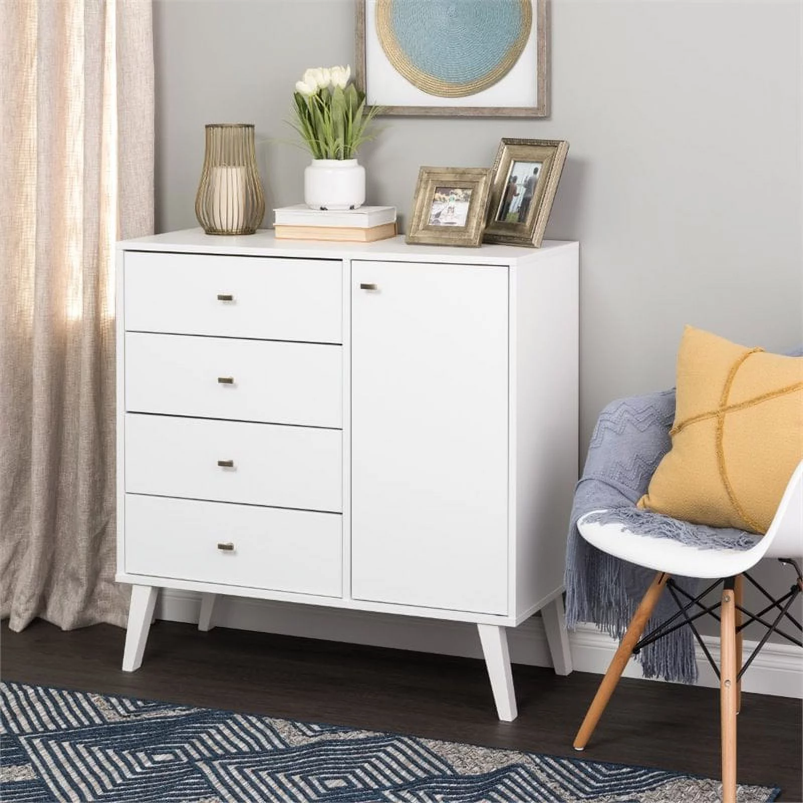 Allora Mid-Century 4 Drawer Laminated Composite Wood Chest in White