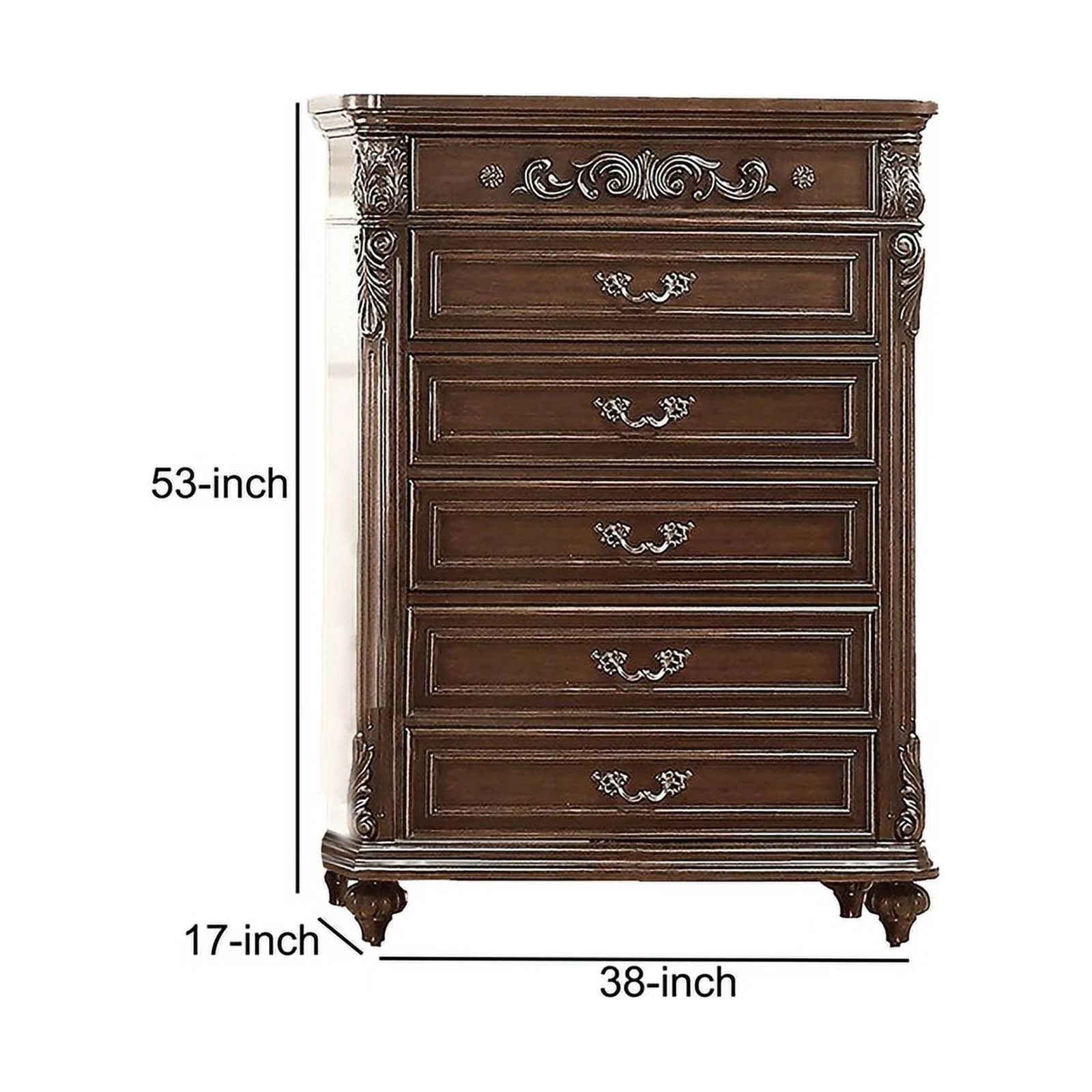 53 Inches 6 Drawer Engraved Wooden Chest, Brown
