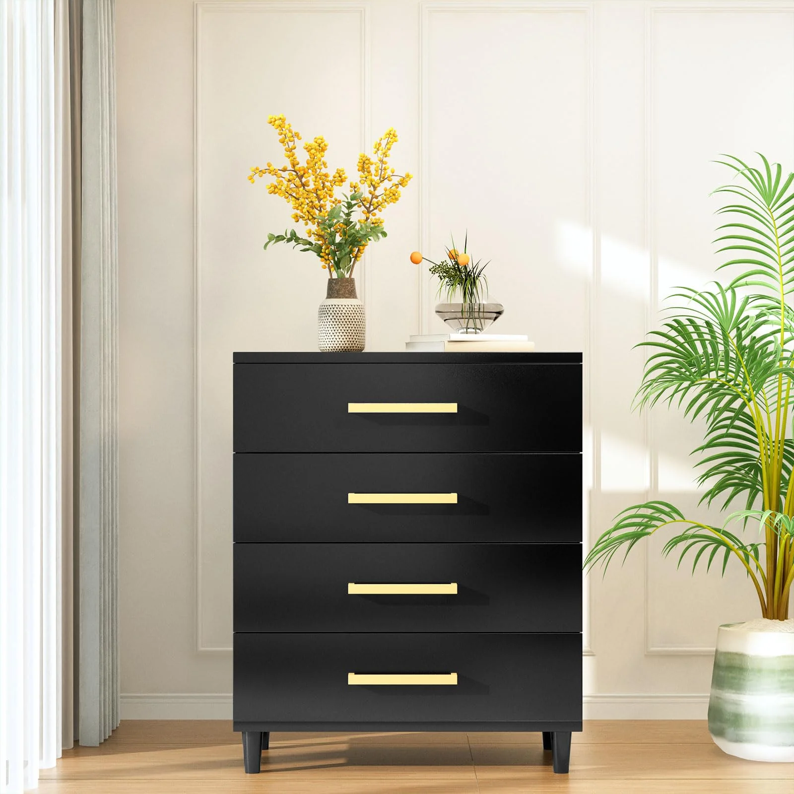 Lamerge 4 Drawer Dresser, Black Chest of Drawers, Bedroom Dressers and Organizer for Office, Living Room, Hallway