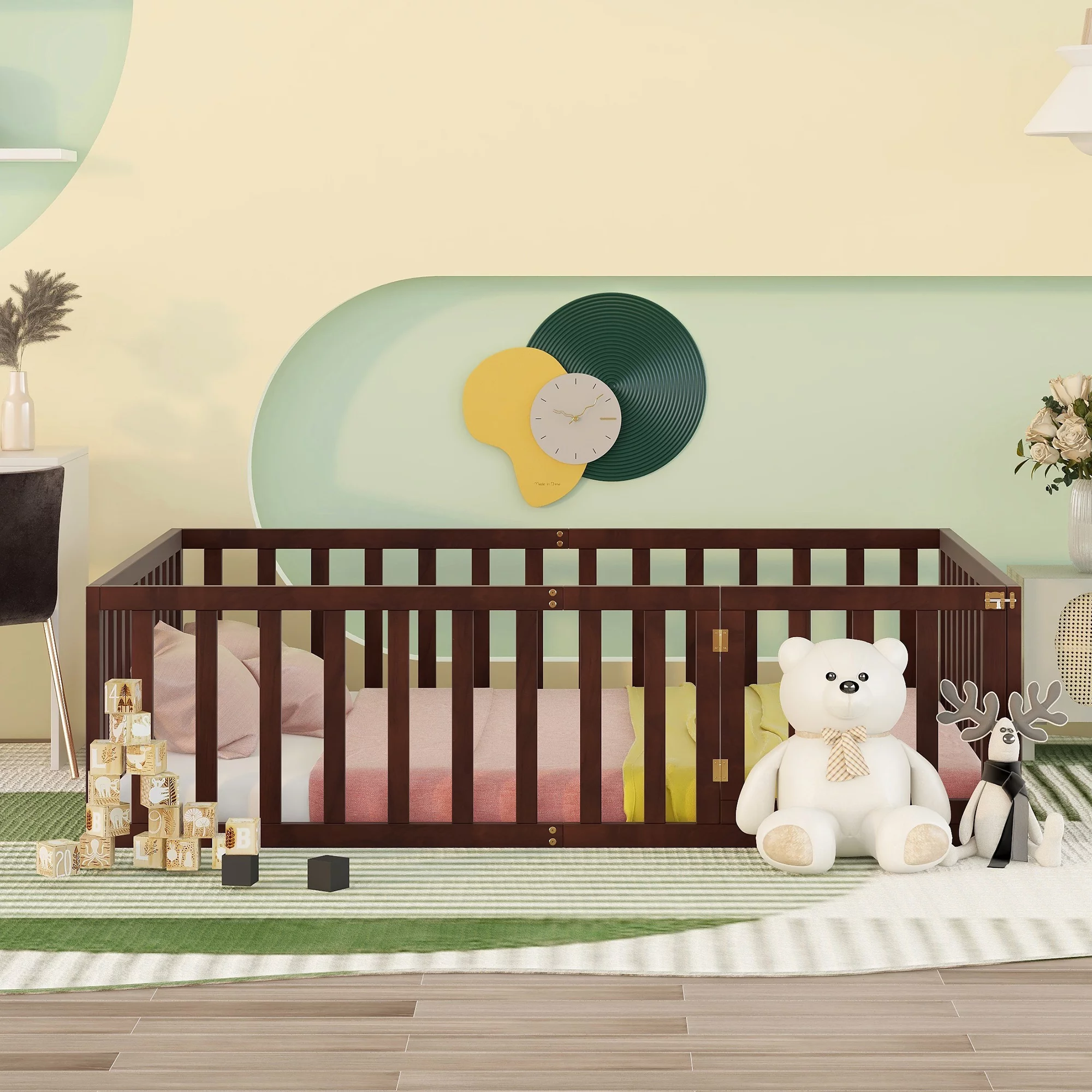 SYNGAR Wood Toddler Bed with Fence and Door, Kids White Twin Size Platform Bed Frame Solid Pine Wood for Girls Boys Bedroom, Walnut
