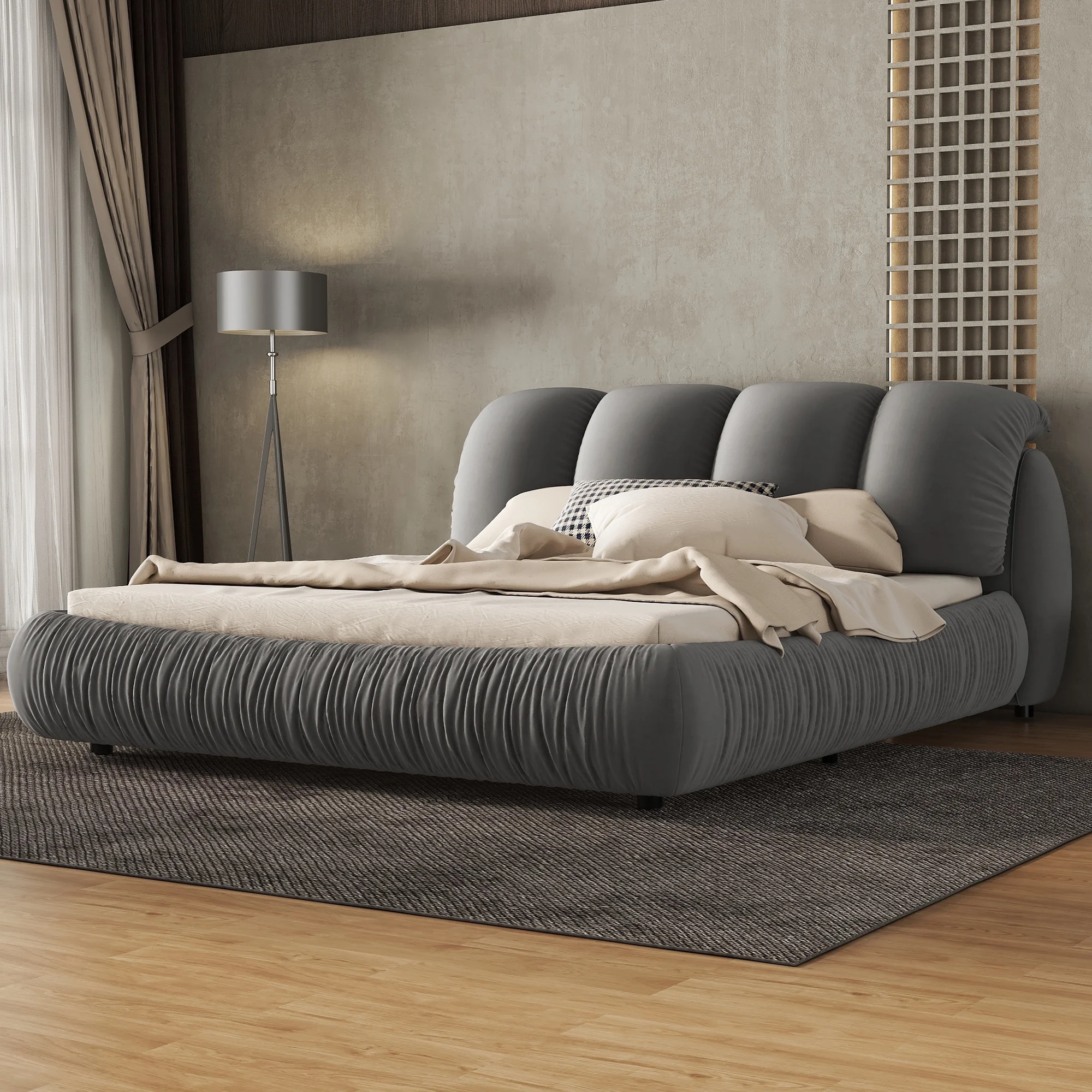 ONME Queen Size Luxury Upholstered Bed With Thick Headboard, Velvet Queen Bed with Oversized Padded Backrest, Gray