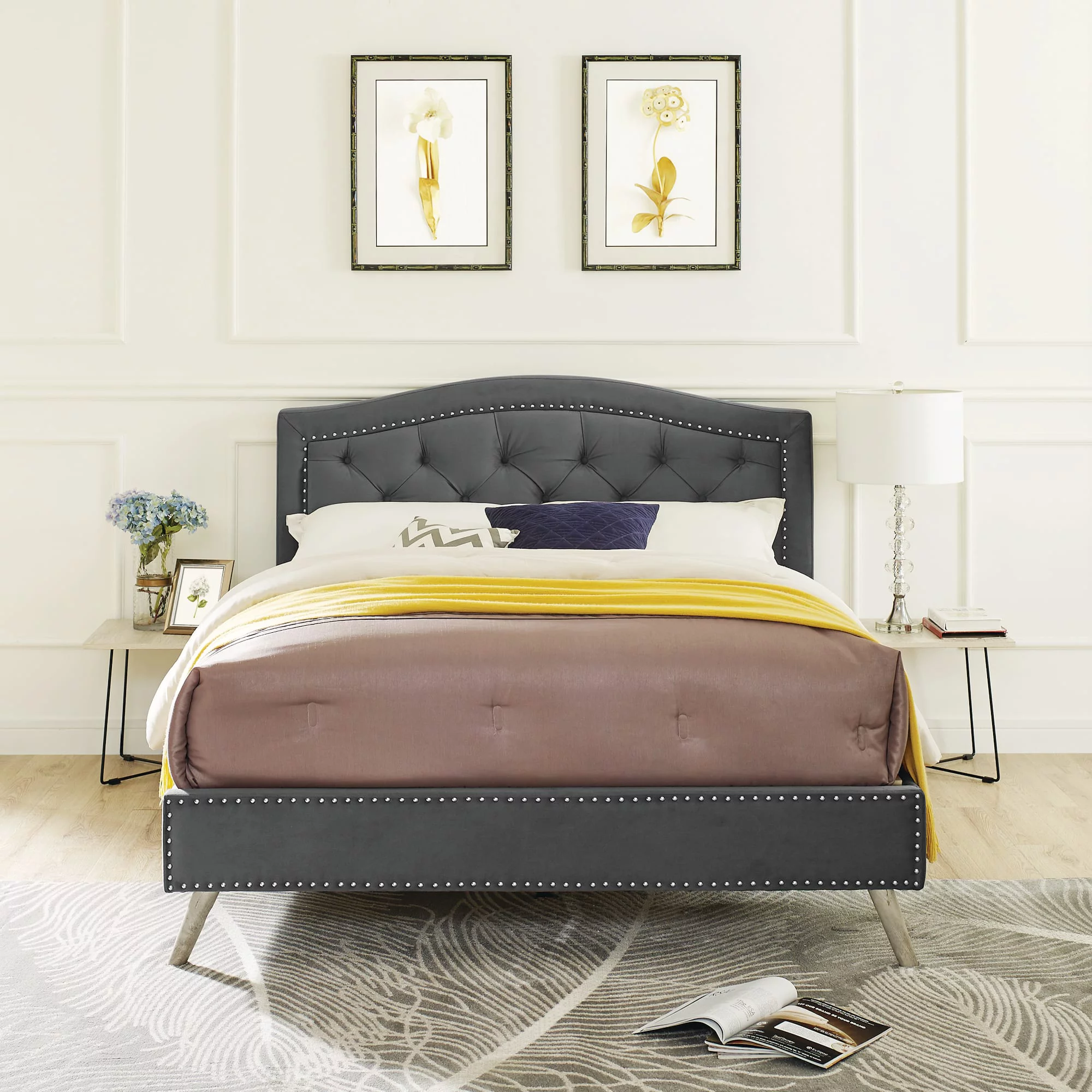 Modern Sleep Arlesa Upholstered Platform Bed Frame, Full, Dark Grey