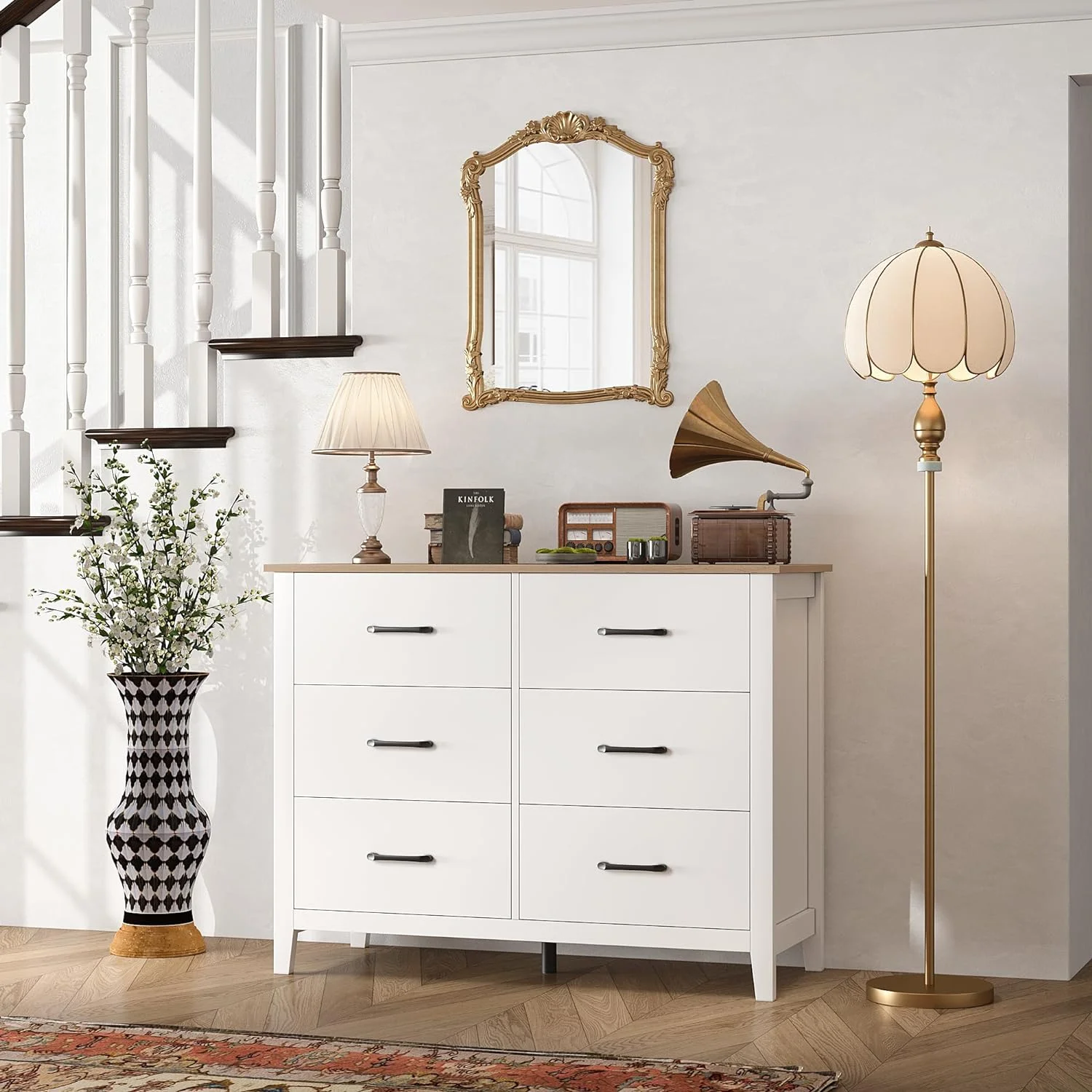 6 Drawer Dresser  White Dresser  Wide Chest of Drawers   Farmhouse Double Dresser with Deep Drawers  Wood  Dresser Chest for Living Room  Entryway  Hallway  White/Rustic Brown