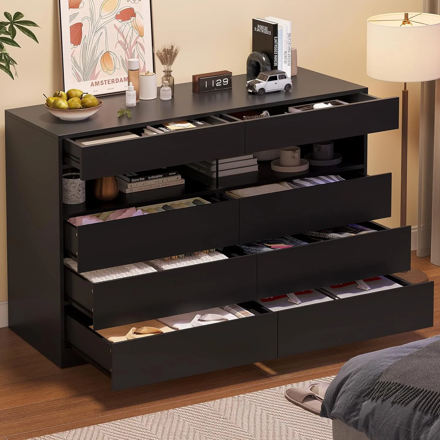Modern 8 Drawers Wide Dresser with LED Light for Bedroom Living Room,No-Handle Chest of Drawers,Open Storage Space,Black