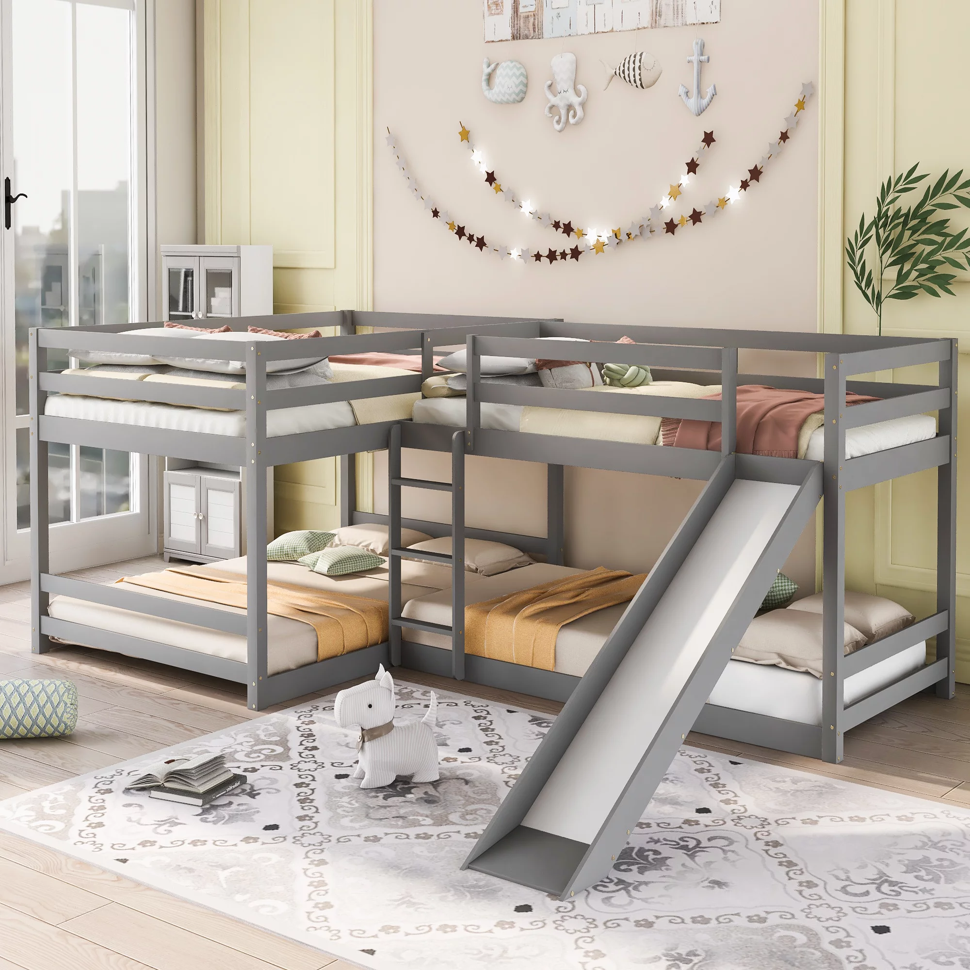 Anself Full and Twin Size L-Shaped Bunk Bed with Slide and Short Ladder,Gray
