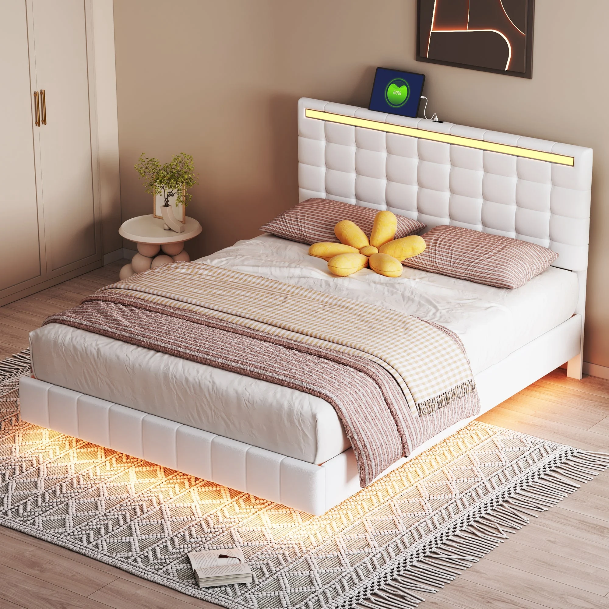 Marc Queen Size Floating Bed Frame with LED  - White