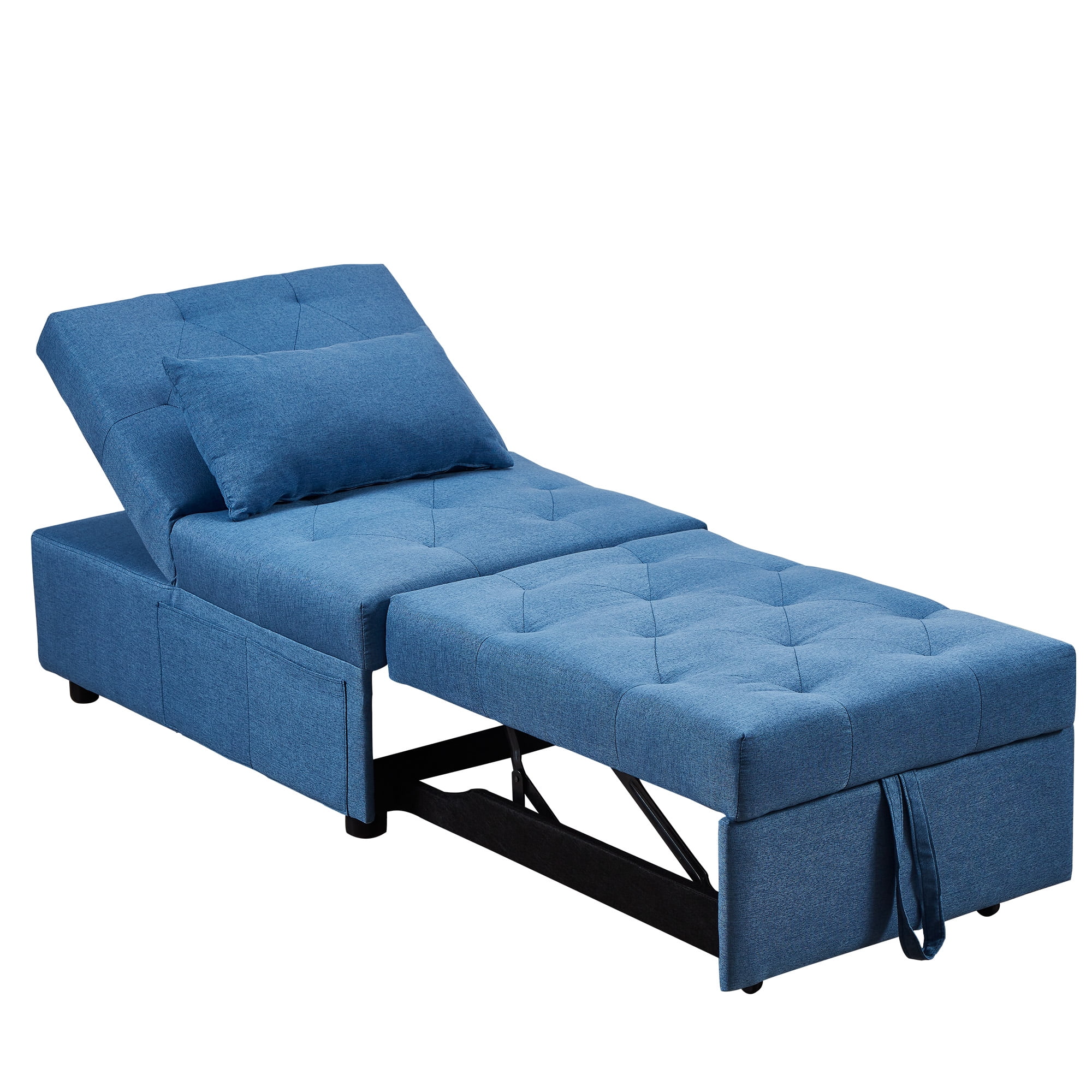 Cozy Castle Chair Bed, Pull Out Sleeper Chair, 3 in 1 Ottoman Bed, Convertible Futon Chair, Durable Linen Chaise Lounge, Living Room Sofa Bed, Blue