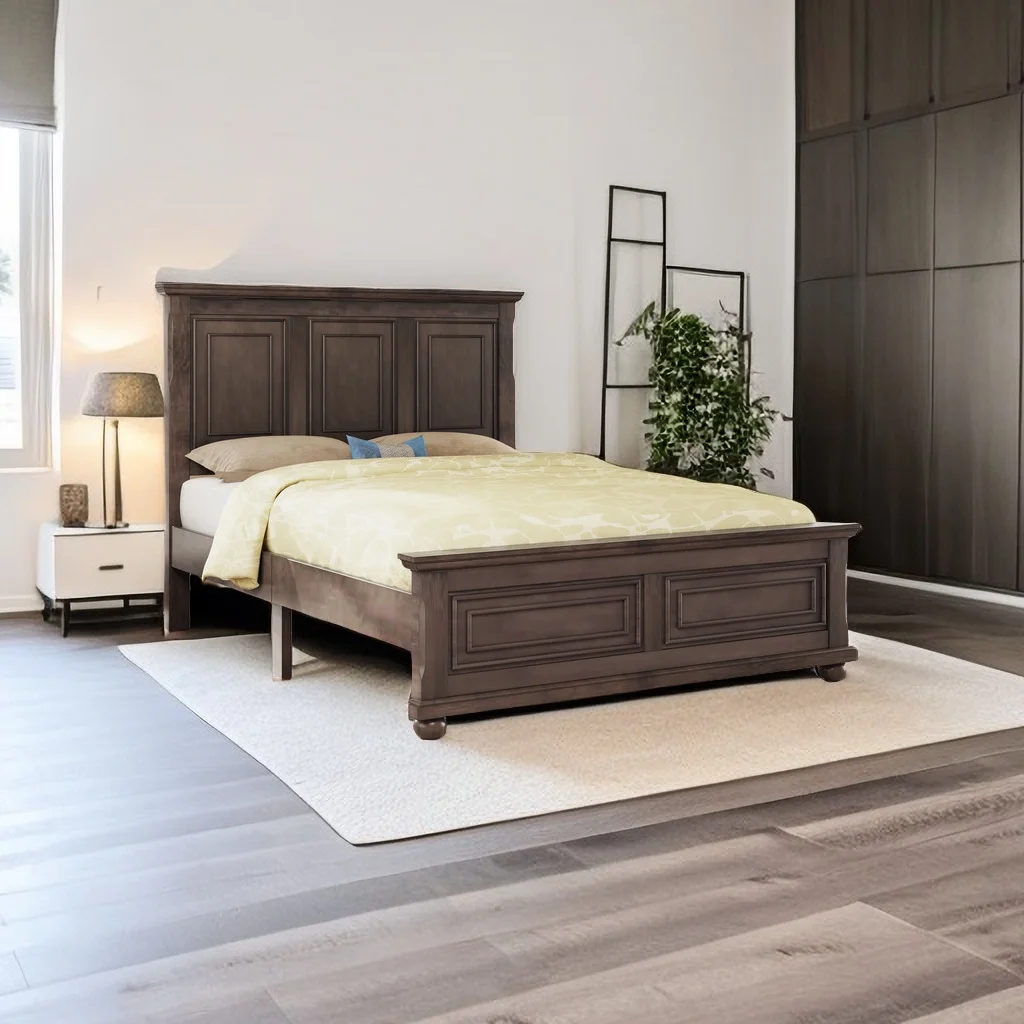 Pinewood Vintage King Bed with Headboard and Footboard, Traditional Town and Country Style King Size Platform Bed
