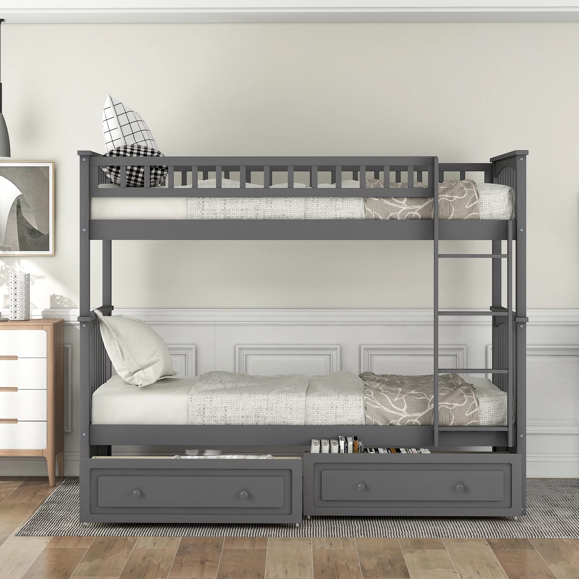 Euroco Pine Wood Bunk Bed with Storage 2 Drawers, Twin-over-Twin Bunk Bed with Safety Rail and Ladder for Kids, Converted into 2 Single Beds, Sapce-Saving Design, Gray