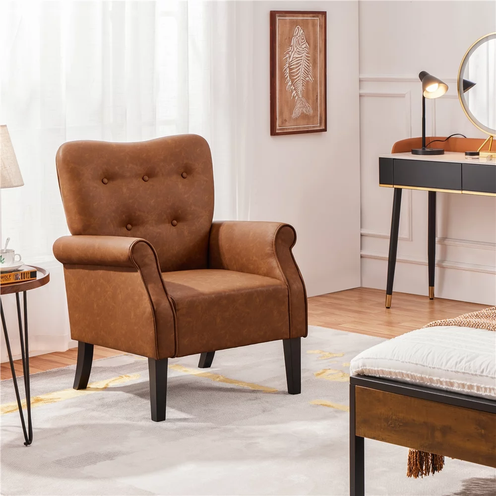 SmileMart Mid-century Faux Leather Accent Chair with Tufted High Back for Living Room, Retro Brown