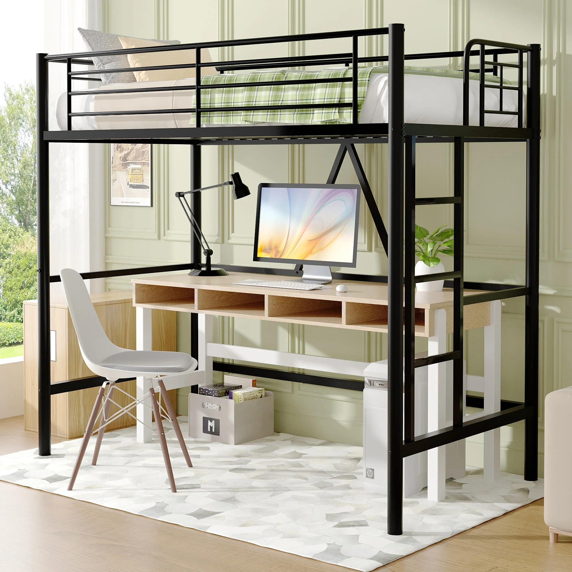 VECELO Metal Twin Size Loft Bed Frame with Stairs & Full-Length Guardrail, Loft Bed for Bedroom, Space-Saving Design, No Box Spring Needed, Black