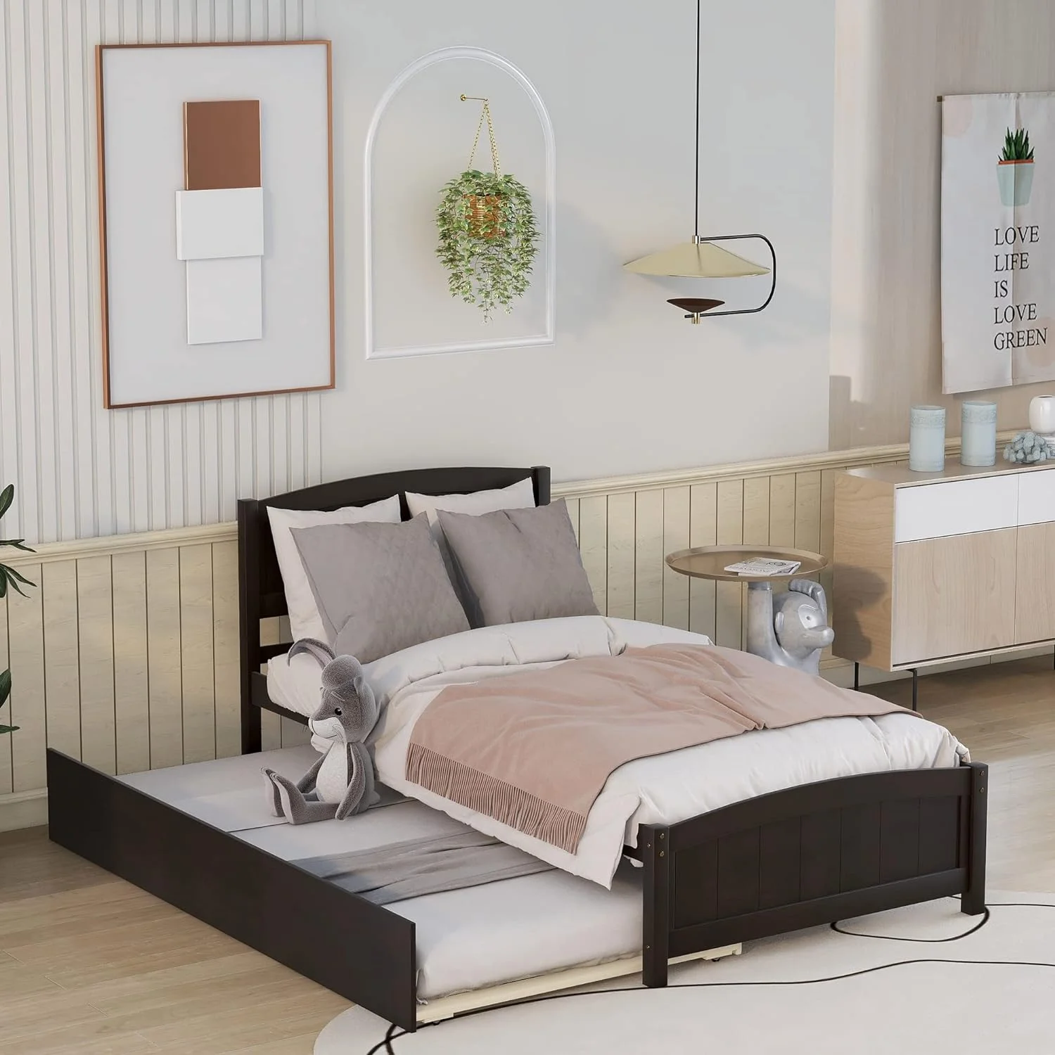 Platform Bed With Trundle, Solid Wood Daybed Sofa Bed Frame For Kids Teens Guests Bedroom Living Room Furniture, No Box Spring Needed ( Size, Espresso)