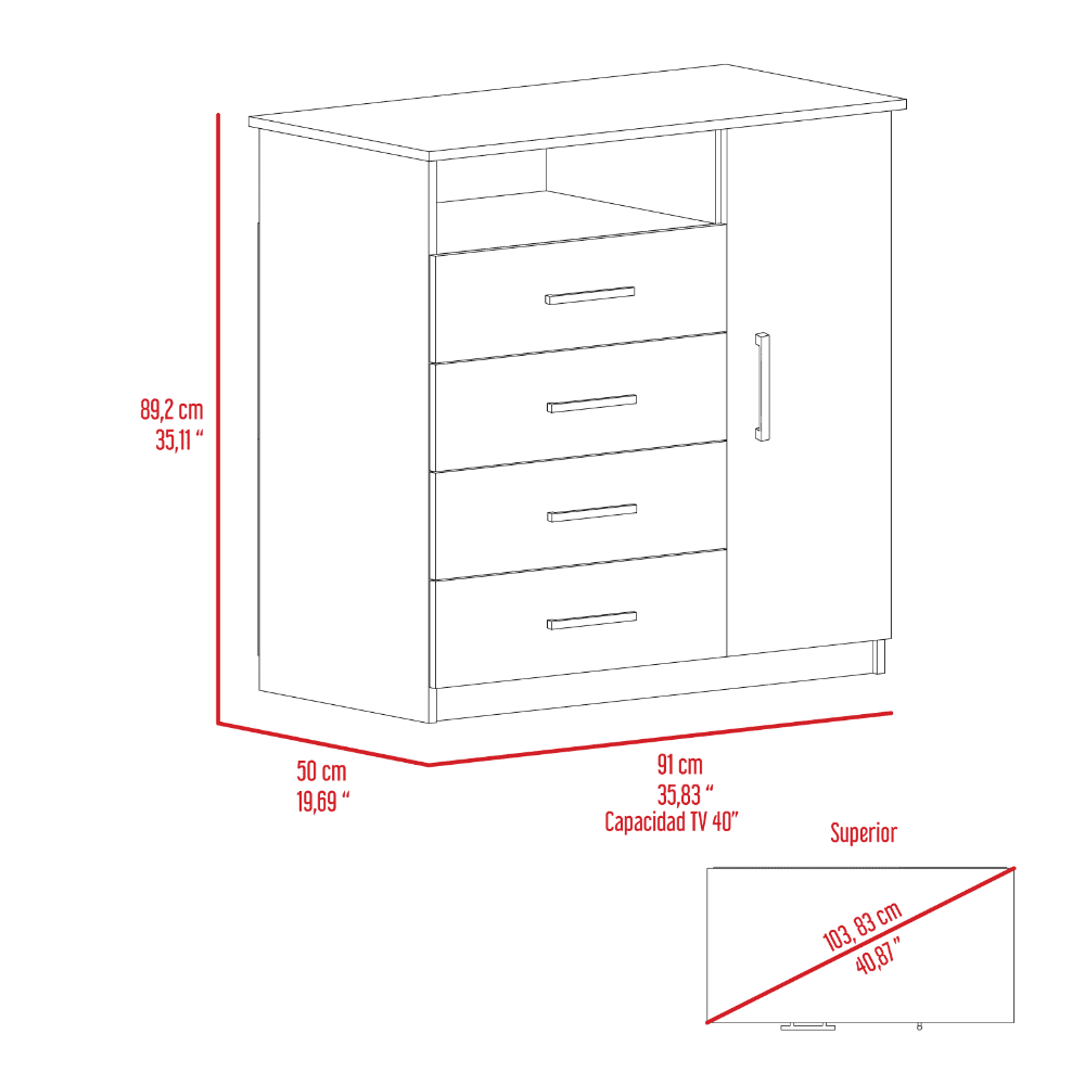 Treevol Furniture, Dresser Beaufort,Dresser, Four Drawers, Smokey Oak / White- Bedroom