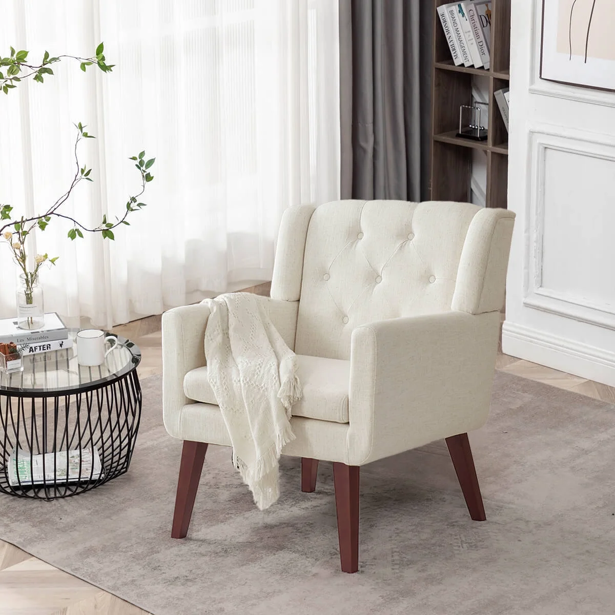 L'AGRATY Accent Reading Chair Button-Tufted Upholstered Comfy Mid Century Modern Chair with Linen Fabric Lounge Arm Chairs for Living Room Bedroom (Beige)