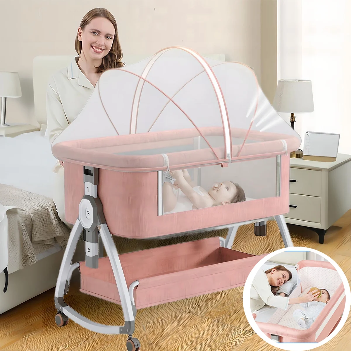 Folding Bedside Bassinet Baby Bassinet Travel Crib with Wheels, Pink