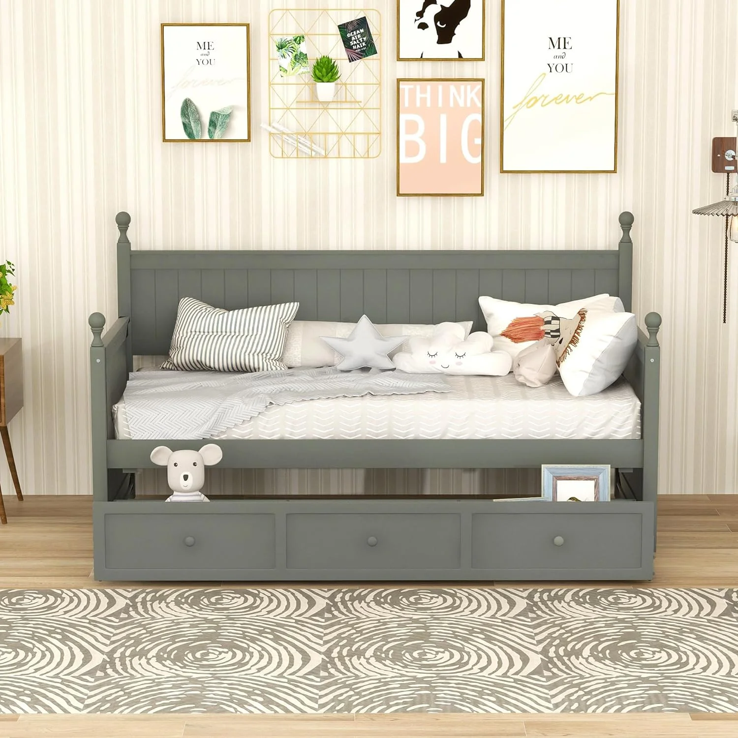 Size Daybed With Drawers, Wood Daybed With Storage, Dual-Use Bed Sofa Bed For Living Room,Guest Room,, No Box Spring Needed, Grey