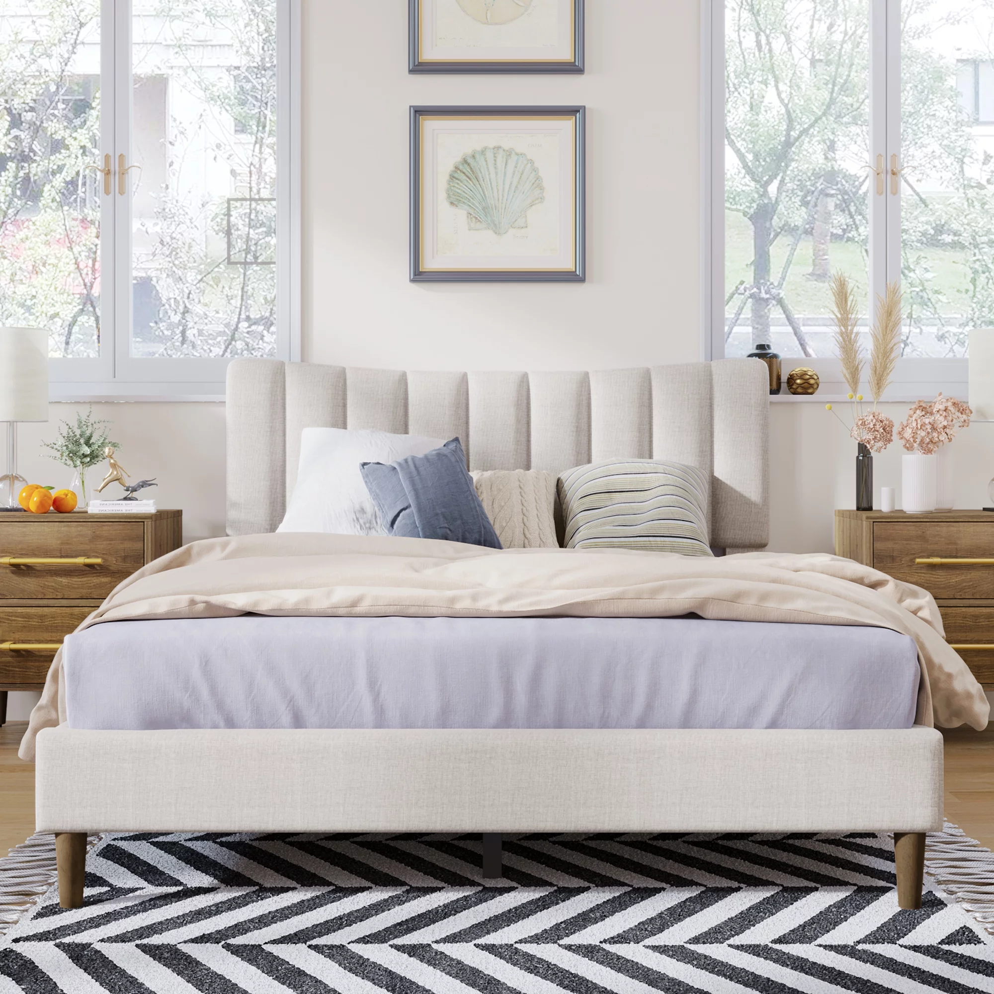 Gewnee Upholstered Queen Platform Bed Frame with Tufted Headboard and Solid Wood Legs,Beige