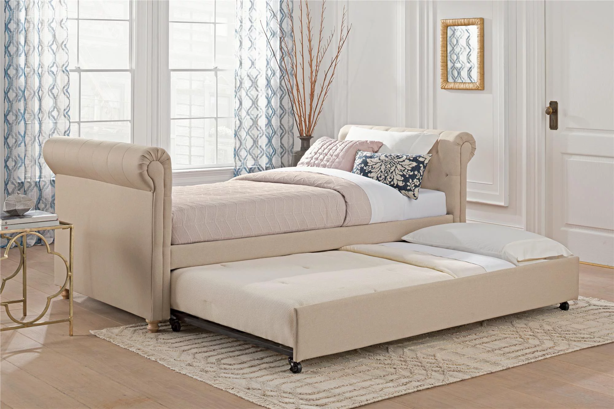 DHP Sophia Linen Upholstered Daybed and Trundle, Twin Size, Tan