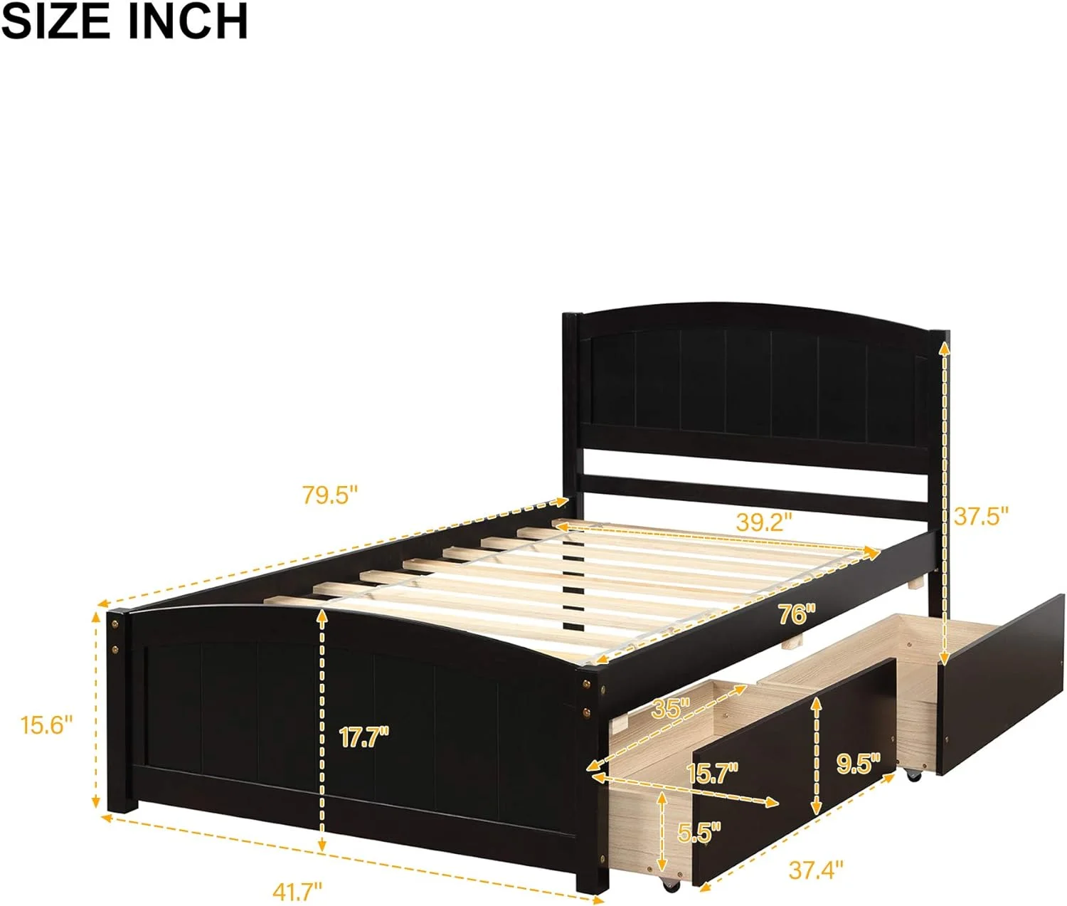 Bed Frame, Wood Platform Bed With Two Drawers,Headboard, Footboard Ad Wood Slat Support (Espresso)