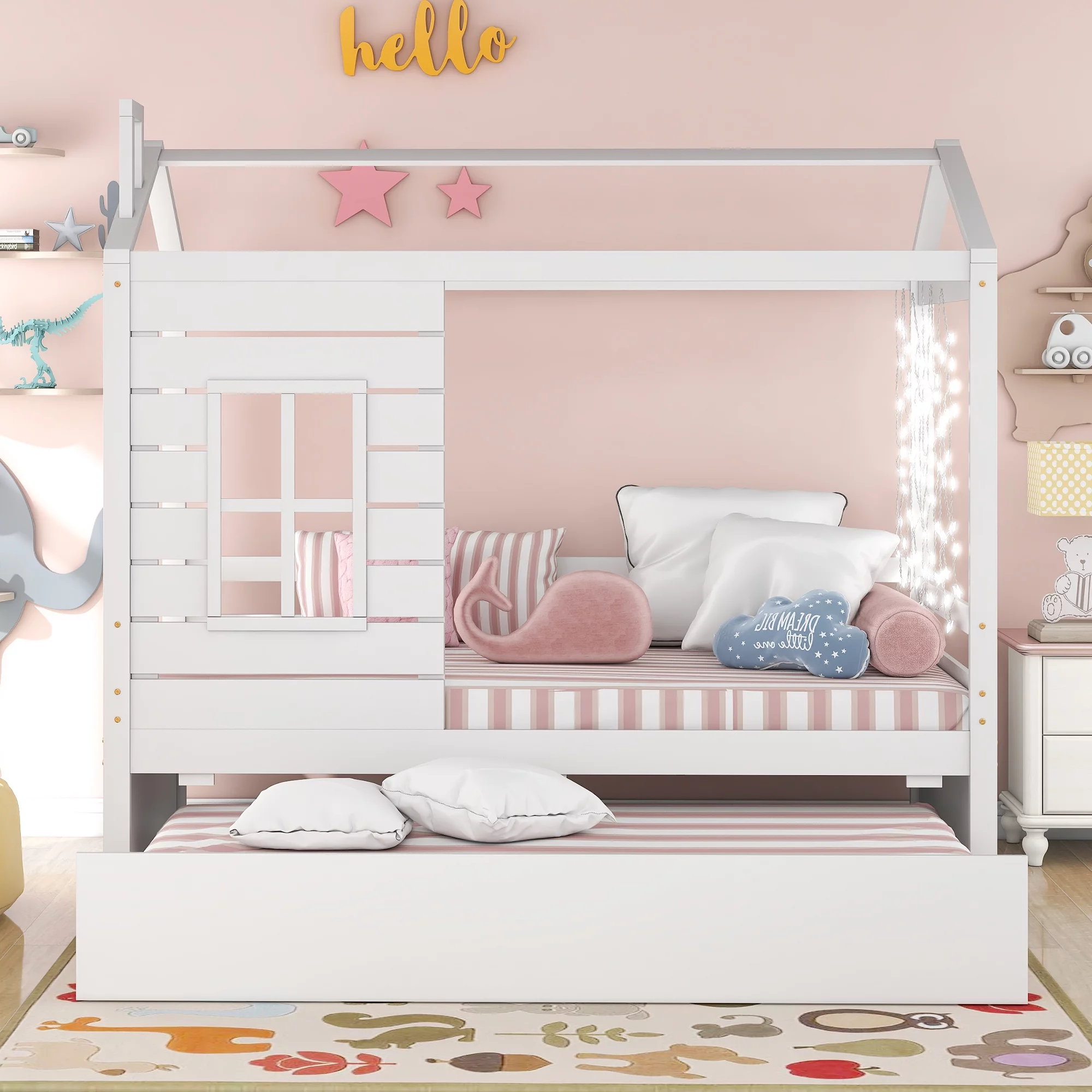 Nestfair White Twin Size House Style Wood Bed with Trundle