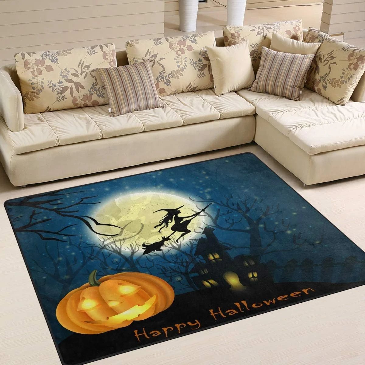 FREEAM Halloween Witch Pumpkin Full Moon House Area Rug Mat for Living Dining Dorm Room Bedroom Home Decorative 7' x 5'