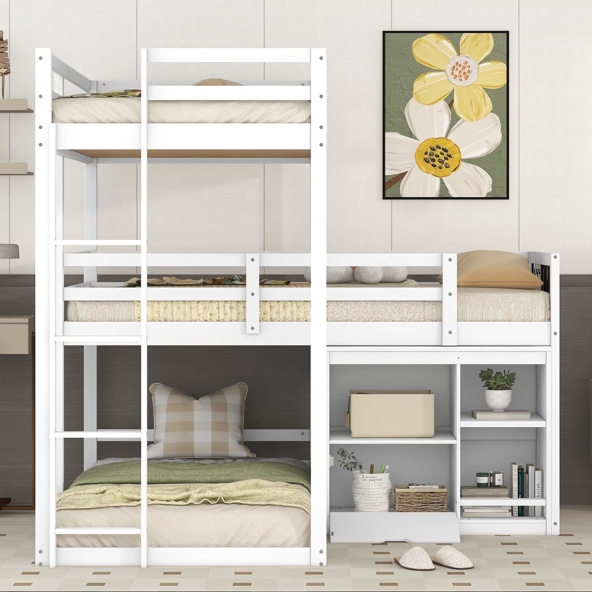 L-shaped Wood Triple Twin Size Bunk Bed with Storage Cabinet and Blackboard, Ladder, White