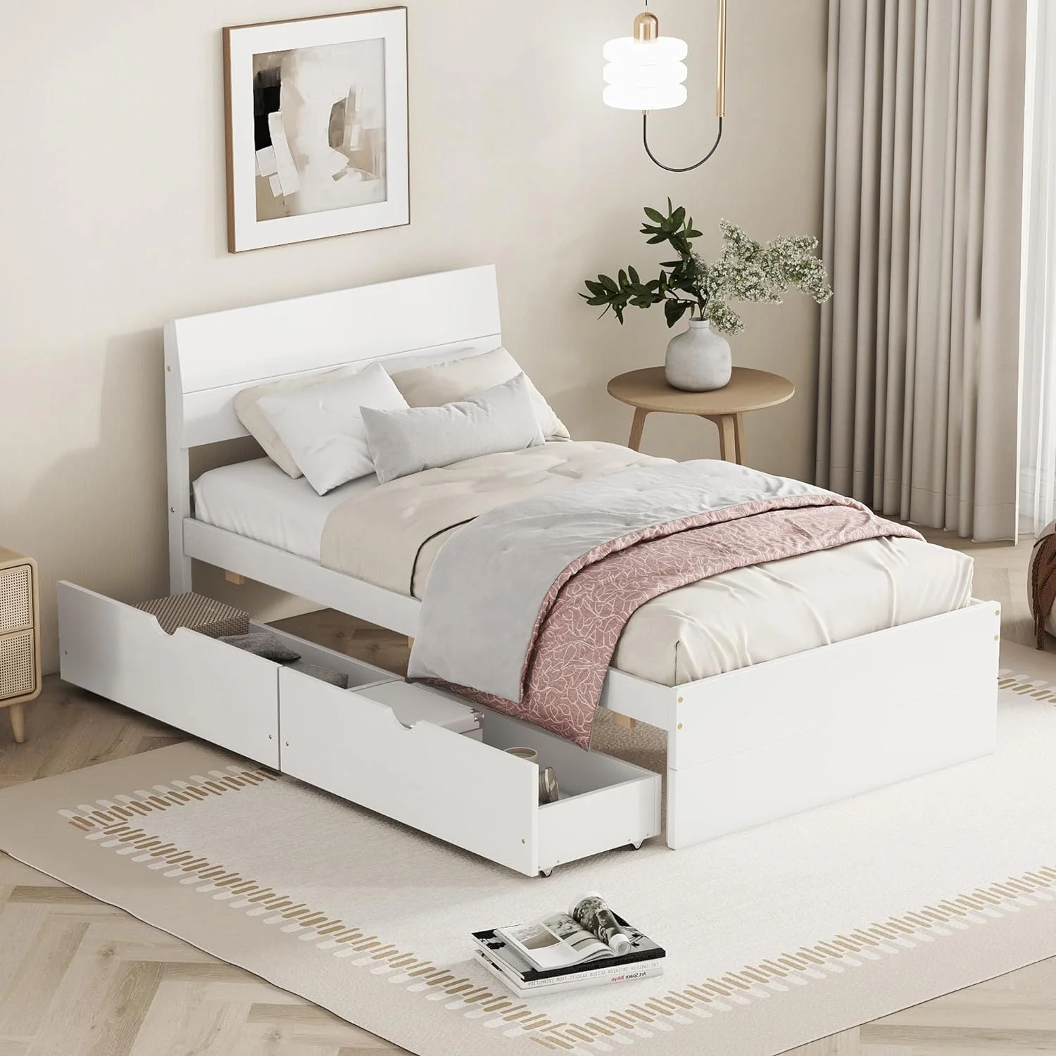 Moder Platform Bed With 2 Storage Drawers Ad Headboard, Size Bed Frame,Wood Slats Support For Boys/Girls/Adult Bedroom,White Ad Light Oak
