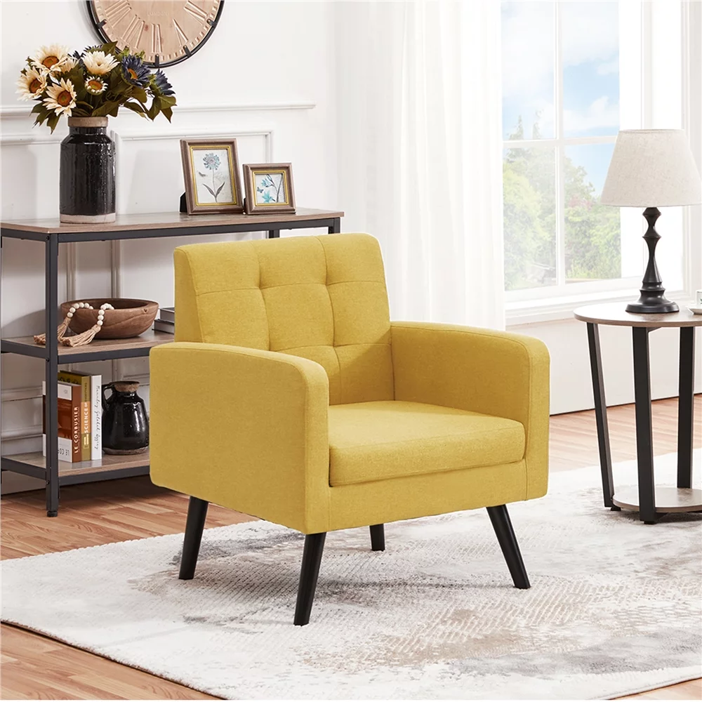 Smile Mart Modern Tufted Accent Arm Chair with Rubber Wood Leg for Living room, Yellow