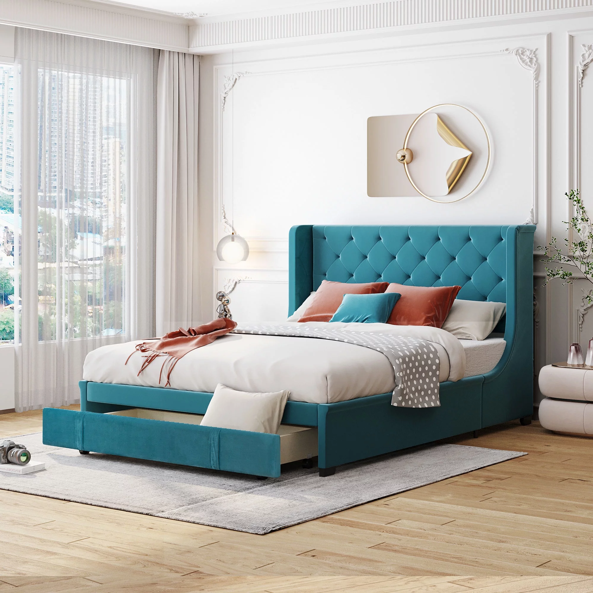 CoSoTower Queen Size Storage Bed Velvet Upholstered Platform Bed with Wingback Headboard and a Big Drawer (Blue)