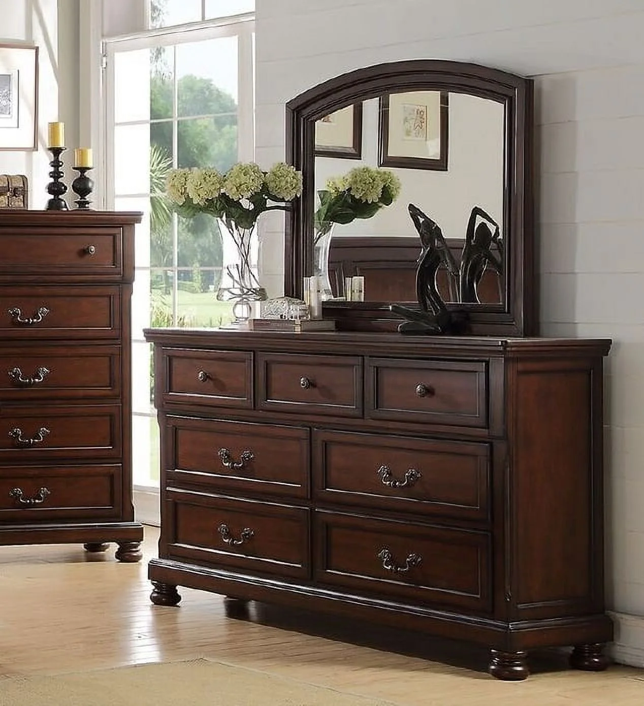 Majestic Traditional Cherry Veneer 6pc Bedroom Furniture Cal King Size Bed Dresser Mirror 2 Nightstands Chest Sleigh Bed