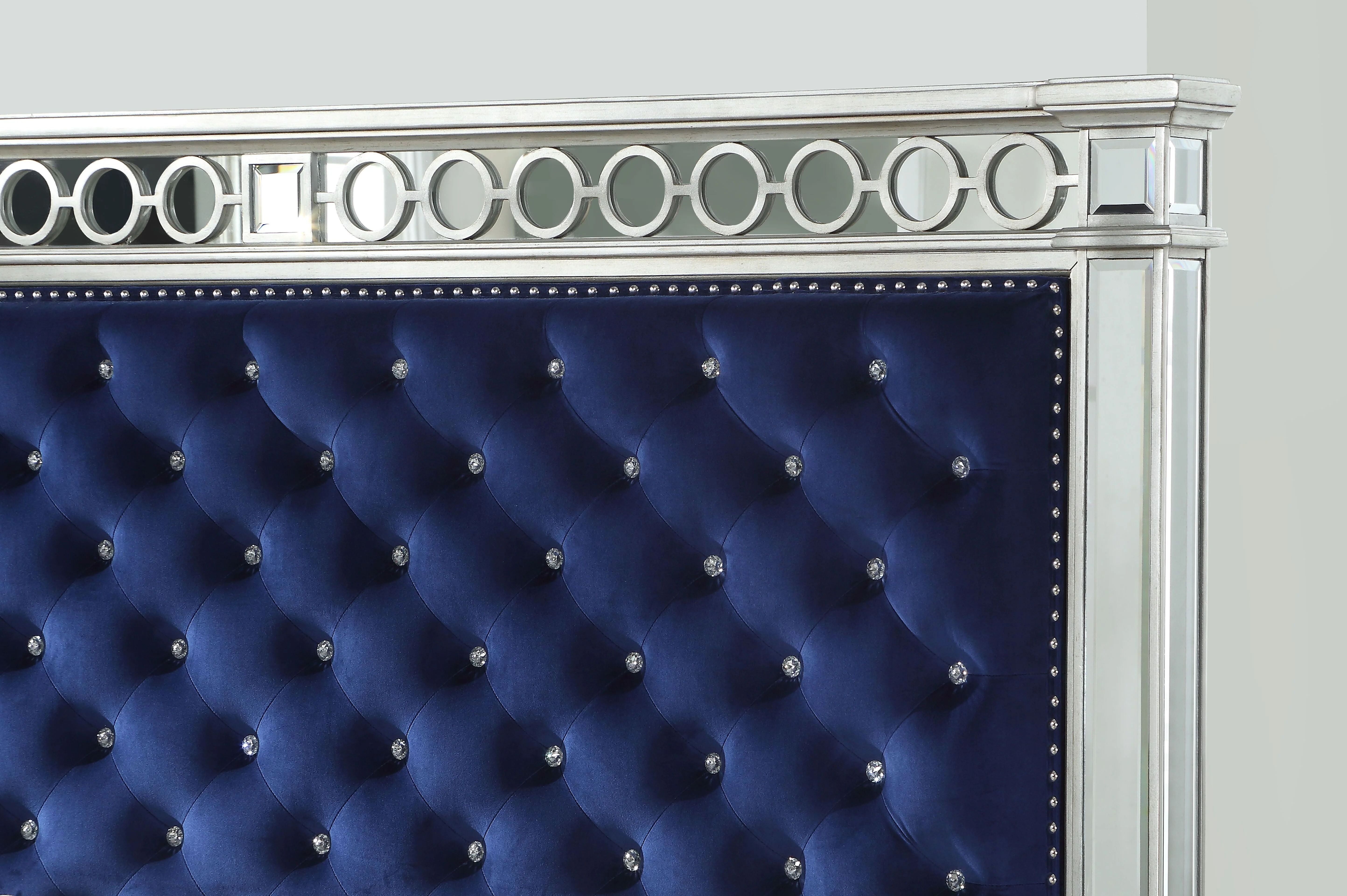 ACME Varian Eastern King Bed in Blue Velvet and Mirrored