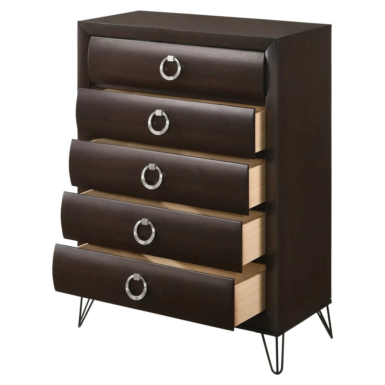 5 Drawer Wooden Chest with Metal Ring Handles and Harpin Legs, Brown- Saltoro Sherpi