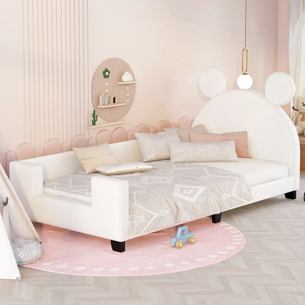 Twin Size Upholstered Platform Bed with Cartoon Ears Shaped Headboard, Solid Wood Platform Toddler Bed Frame with Cartoon Ears Shaped Headboard, Bedroom Furniture for Kids Teens Adults