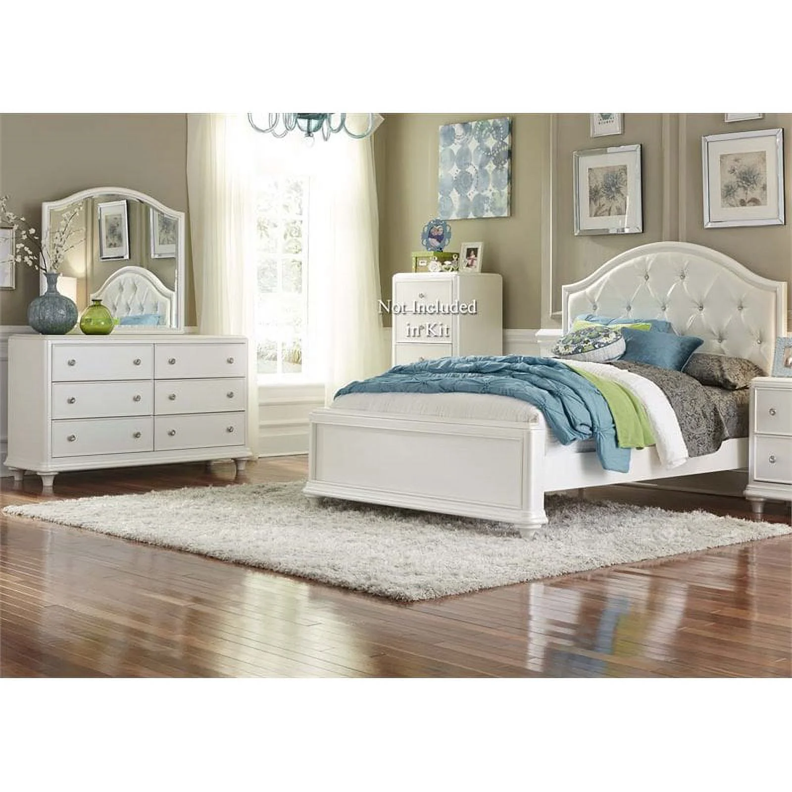 Pemberly Row Contemporary Metal Full Panel Bed Dresser & Mirror in White