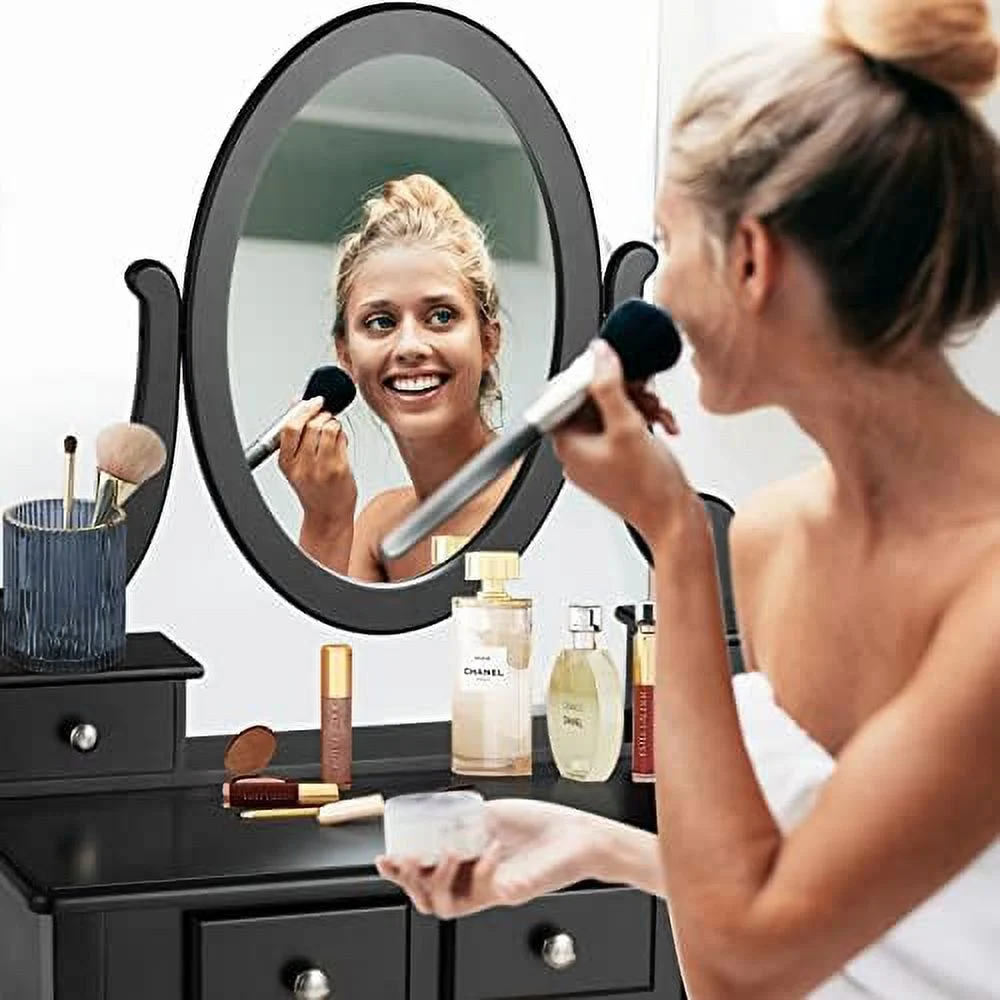 xrboomlife Stable Vanity Table Set with ¡ã Rotatable Mirror  Makeup Desk with Cushioned Stool & 5 Drawers for Small Spaces  Bedroom Dressing Table for Girls Women (White)