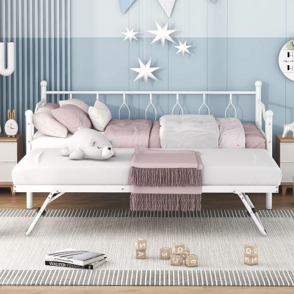 Twin Size Metal Daybed with Twin Size Adjustable Trundle, Portable Folding Trundle, White