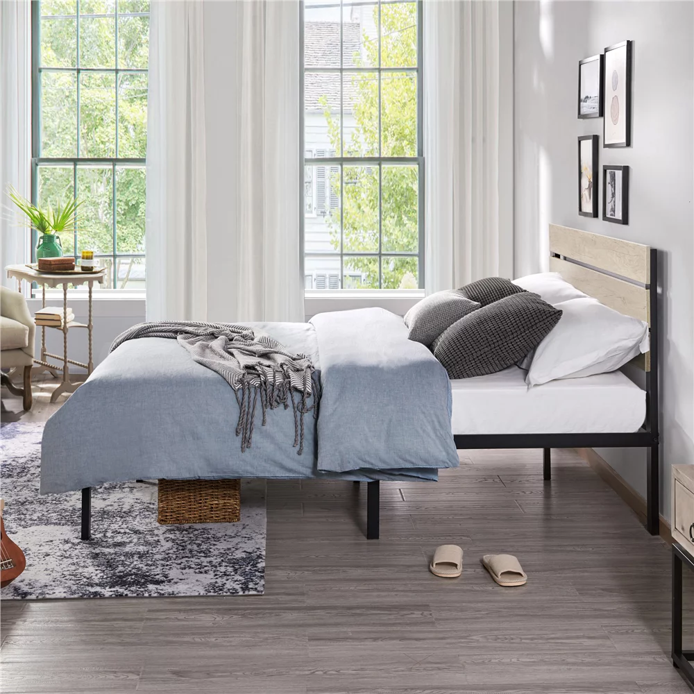 Easyfashion Metal Bed Frame with Wooden Headboard, Gray, Queen
