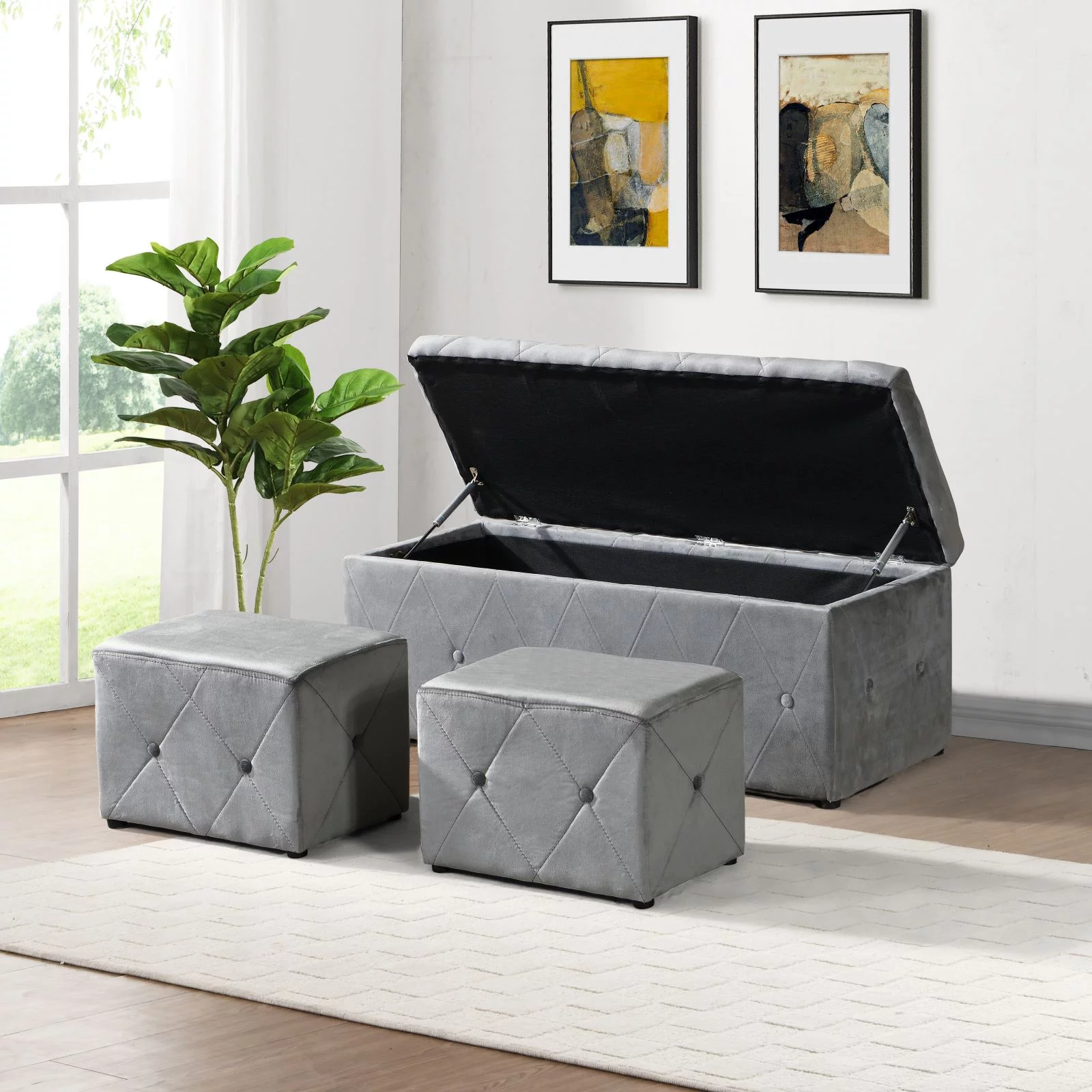 3 Set Rectangular Velvet Ottoman Storage - 40