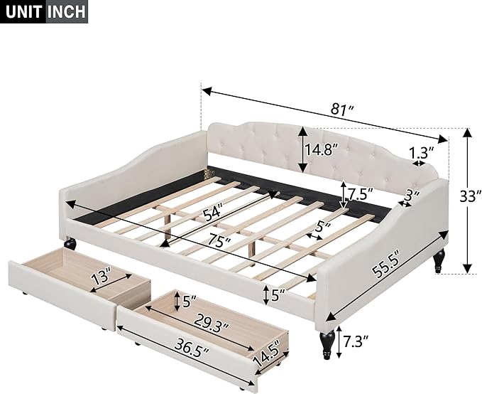 Full Size Daybed with 2 Drawers, Upholstered Tufted Day Bed with Storage for Bedroom Living Room, Wood Slat Support, No Box Spring Needed,Beige