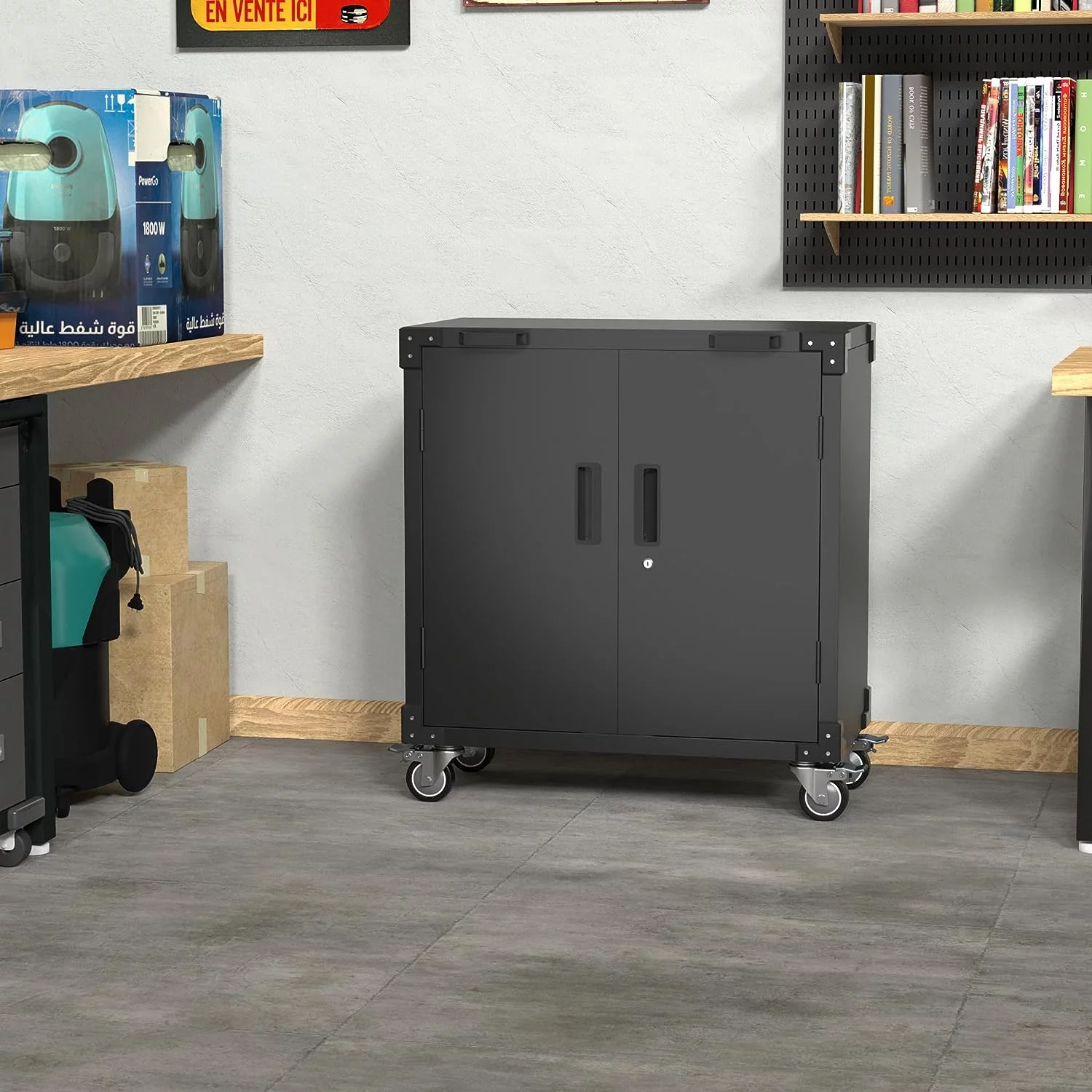 GAEANET Lockable Steel Storage Cabinet with 1 Adjustable Shelves&Wheels&2 Pegboards, for School, Office, Garage, Assembly Required, Black