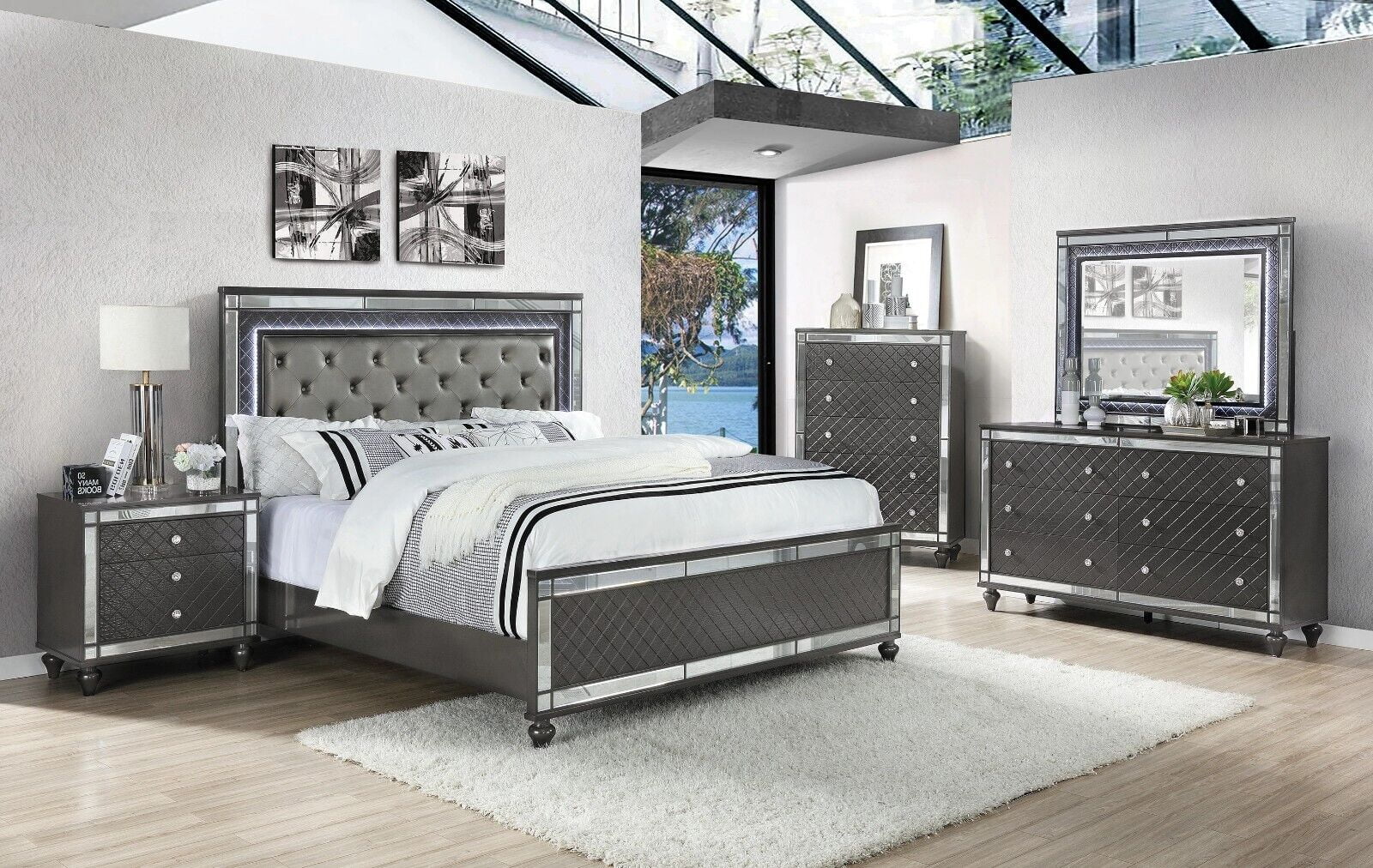 6pc Modern Glam Style LED HB Gray Charcoal Finish King Size Panel Bedroom Set Solid Wood Furniture