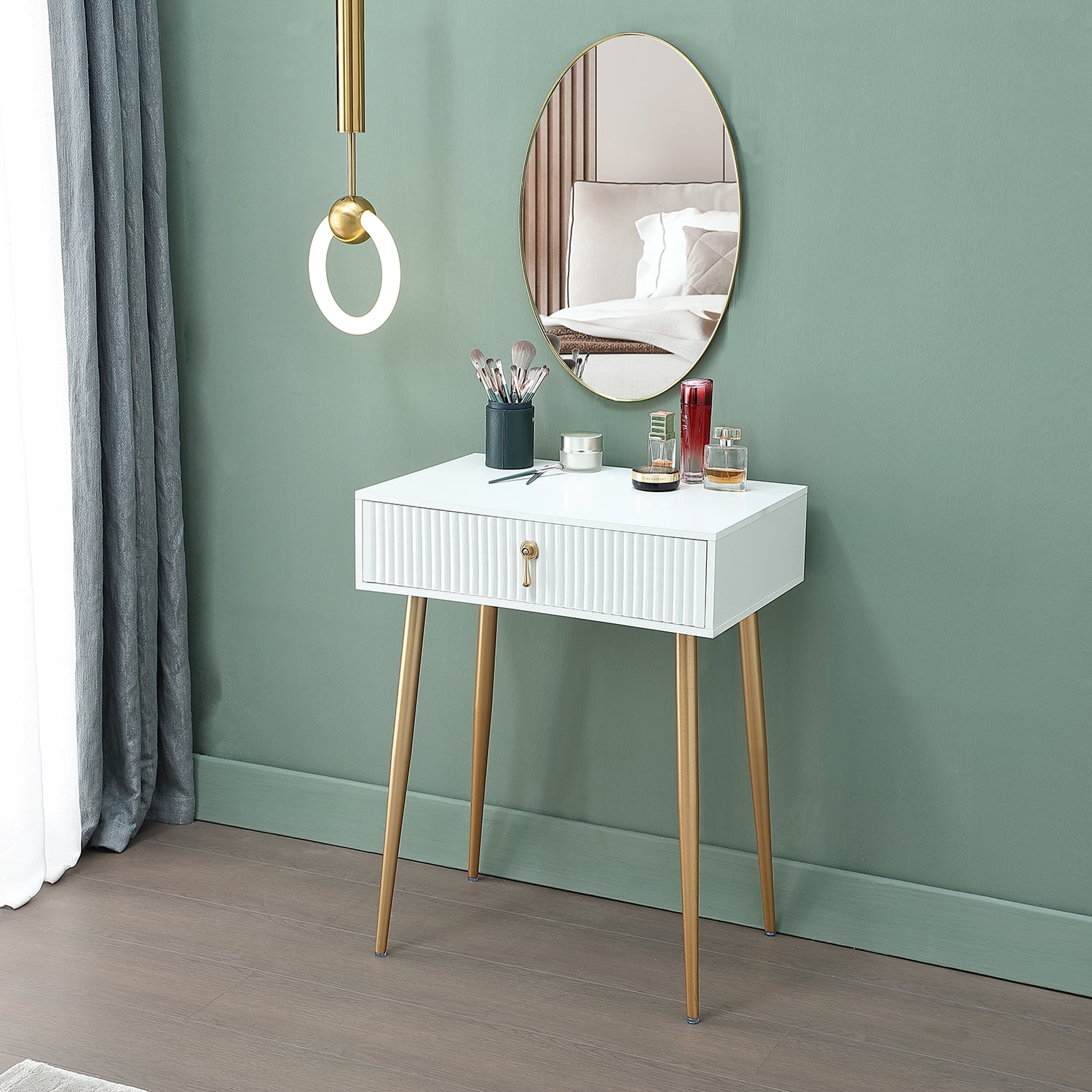23Inch White Makeup Vanity Desk with Drawers, Modern Dressing Table with Storage Cabinet for Bedroom, White and Gold Desks Without Mirror