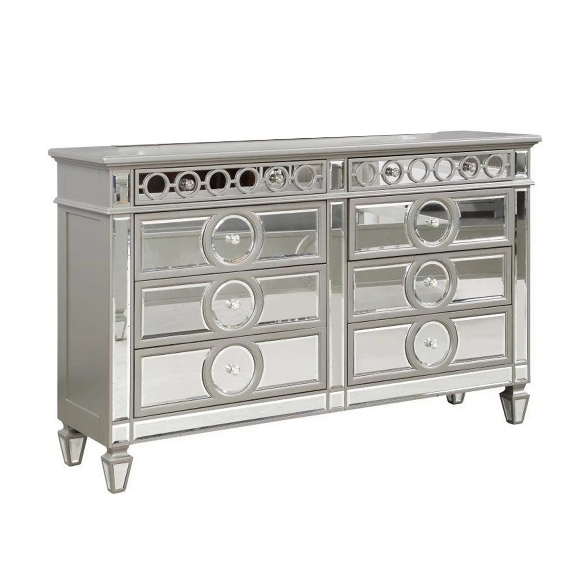 Benjara BM300681 64 in. Jack Dresser with 6 Gliding Drawers & Mirror Panel Inserts, Silver