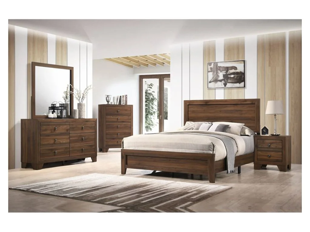 Traditional Brown Cherry Panel Bed Dresser Mirror Nightstand Set 4Pc King Size Bedroom Set