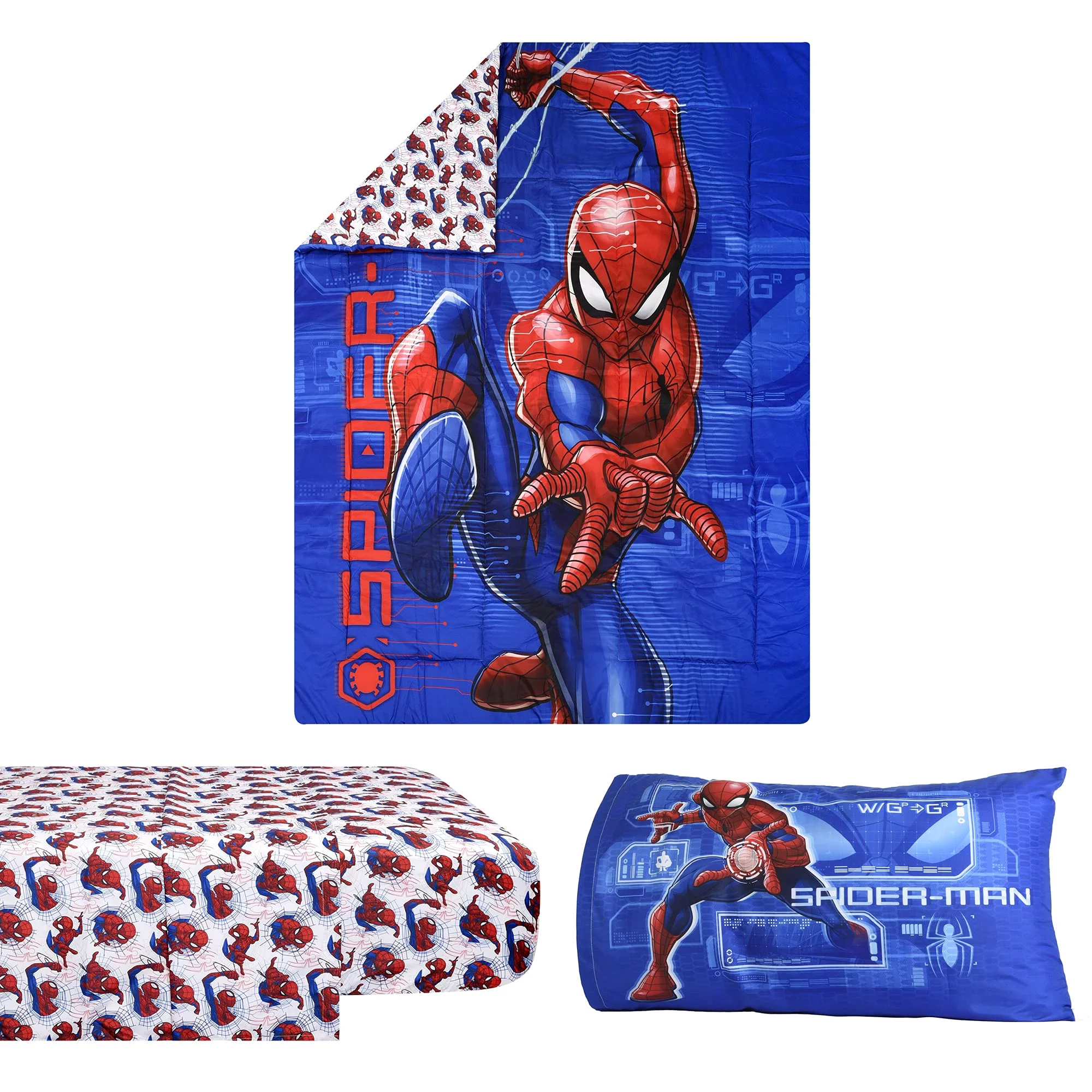 Spiderman Kids Bedding Sheet Set with Reversible Comforter Twin Bed in Bag 4 Pcs Set for Kids