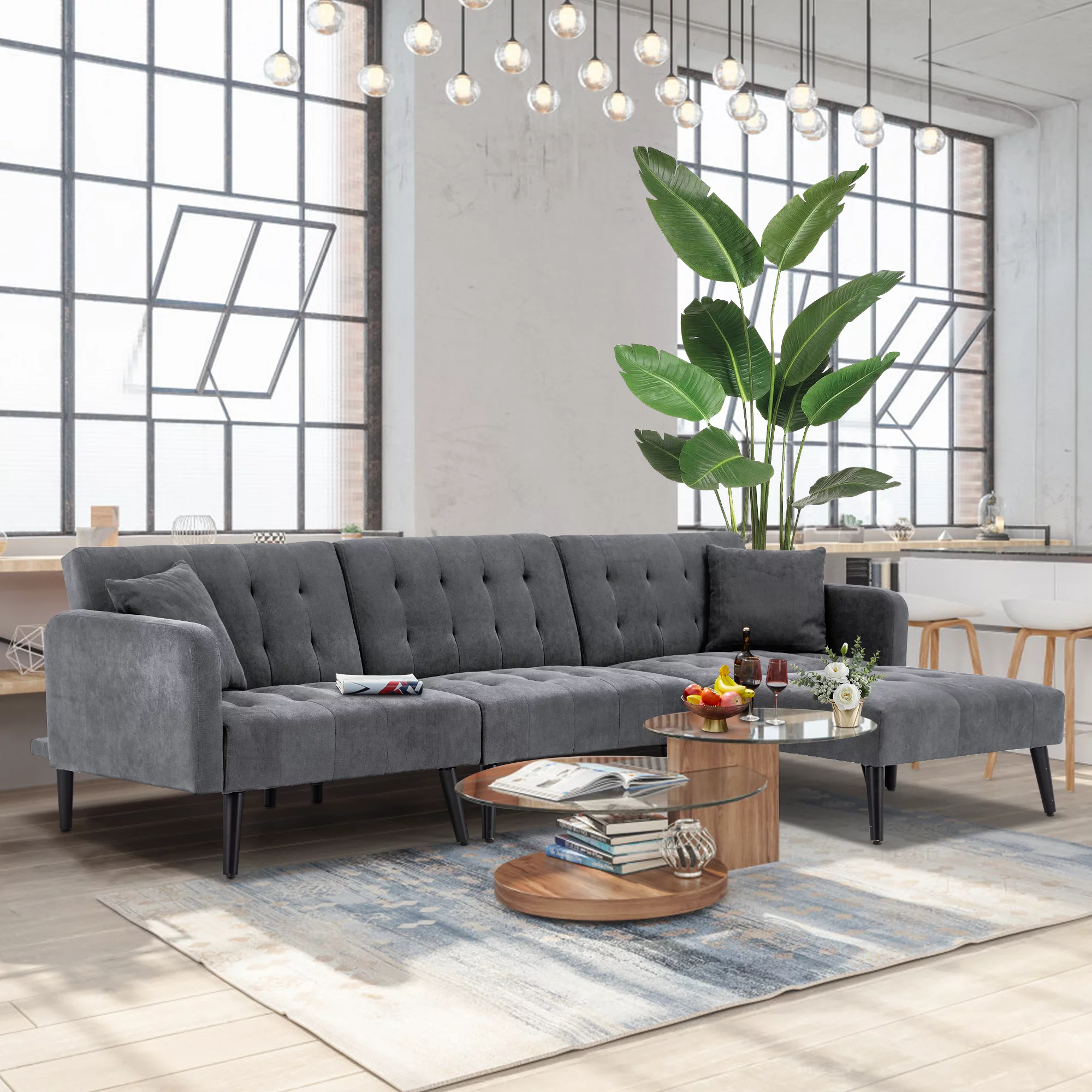 Homrest Convertible Sectional Sofa Bed, Linen L-Shaped Couch W/ Adjustable Backrest for Living Room and Apartment(Dark Gray)