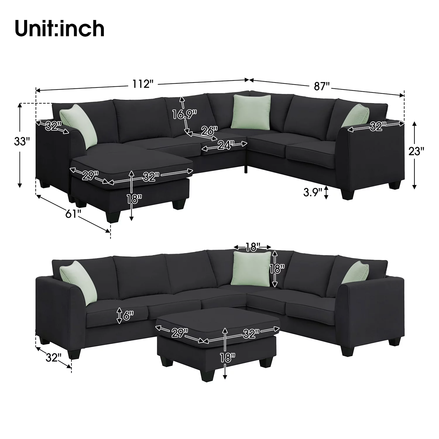 Churanty Modular Sectional Sofa with Storage Ottoman Couch L Shape Corner Sofa Sets 7 Seats Fabric Couch for Living Room, Black,112 * 87 inch